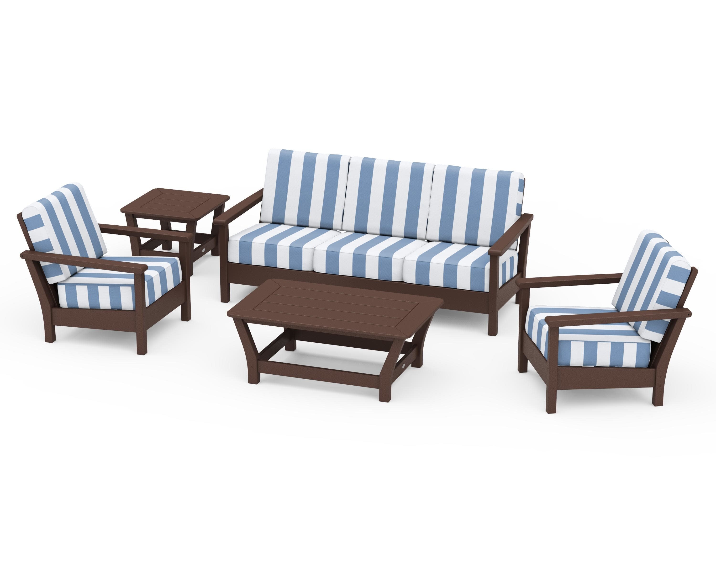 Harbour 5-Piece Deep Seating Set in Mahogany / Cabana Stripe Sky Blue