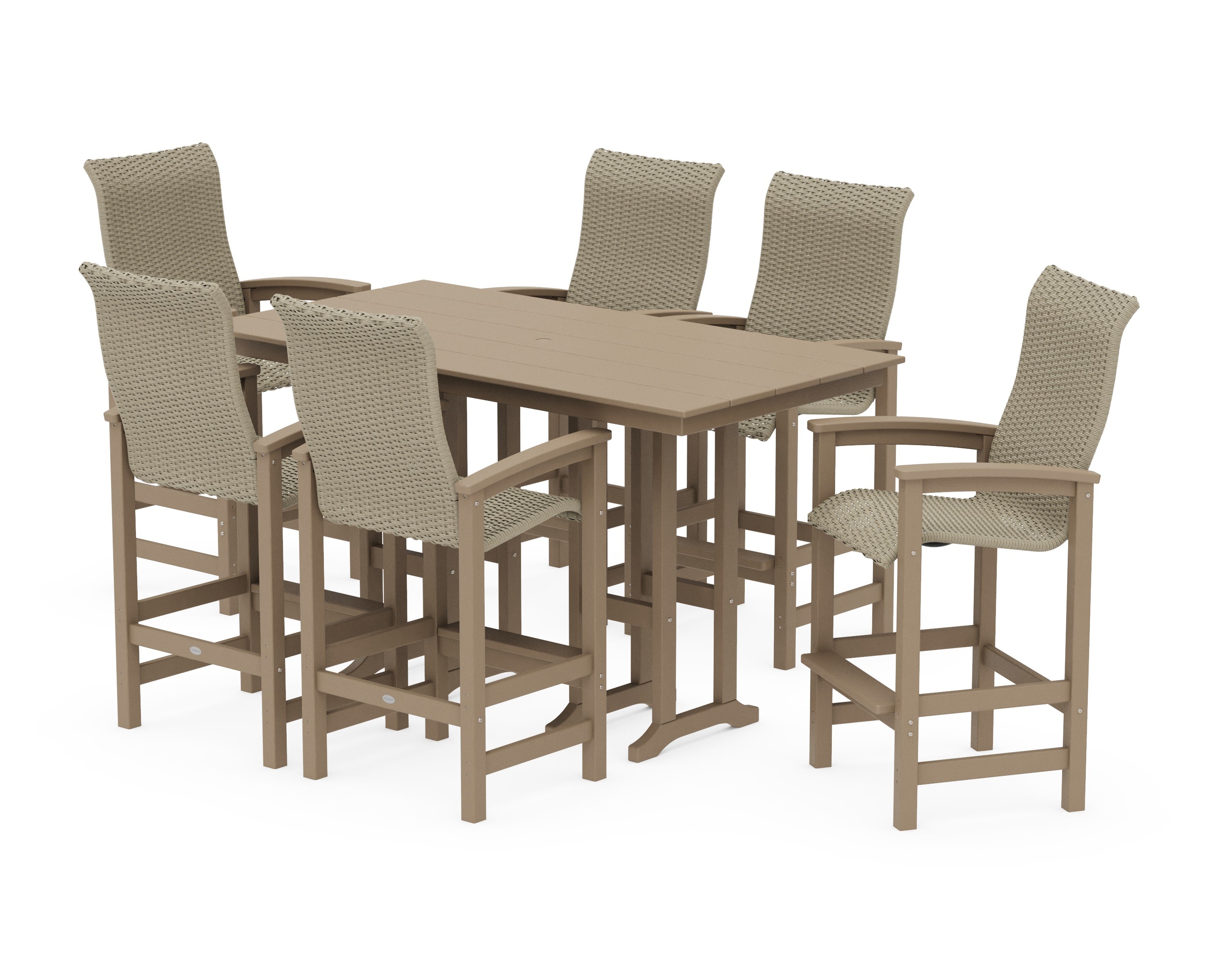 Coastal Woven High-Back Arm Chair 7-Piece Farmhouse Bar Set in Vintage Sahara / Dune Grass