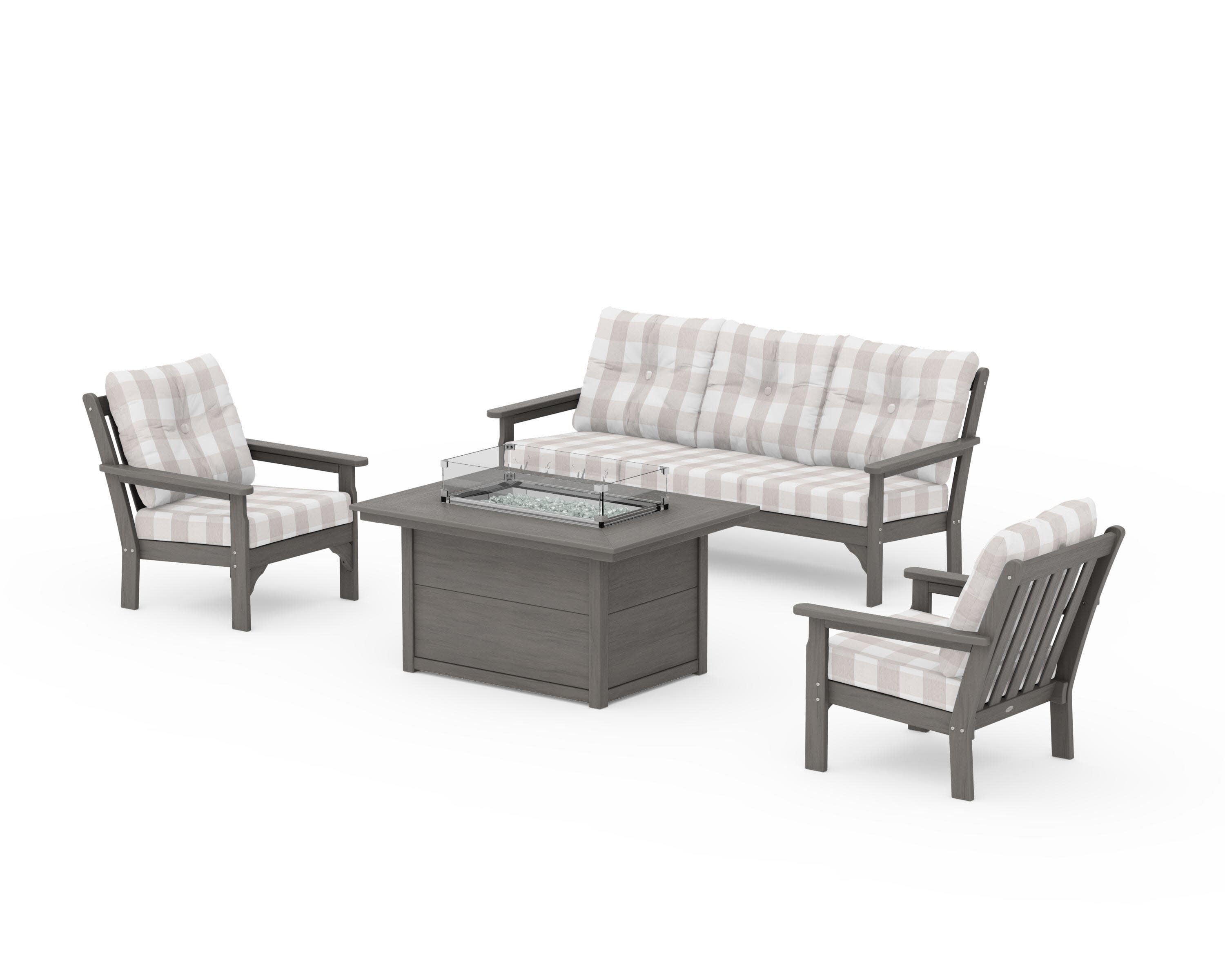 Vineyard Deep Seating Fire Pit Table Set in Driftwood / Buffalo Plaid Dune Burlap