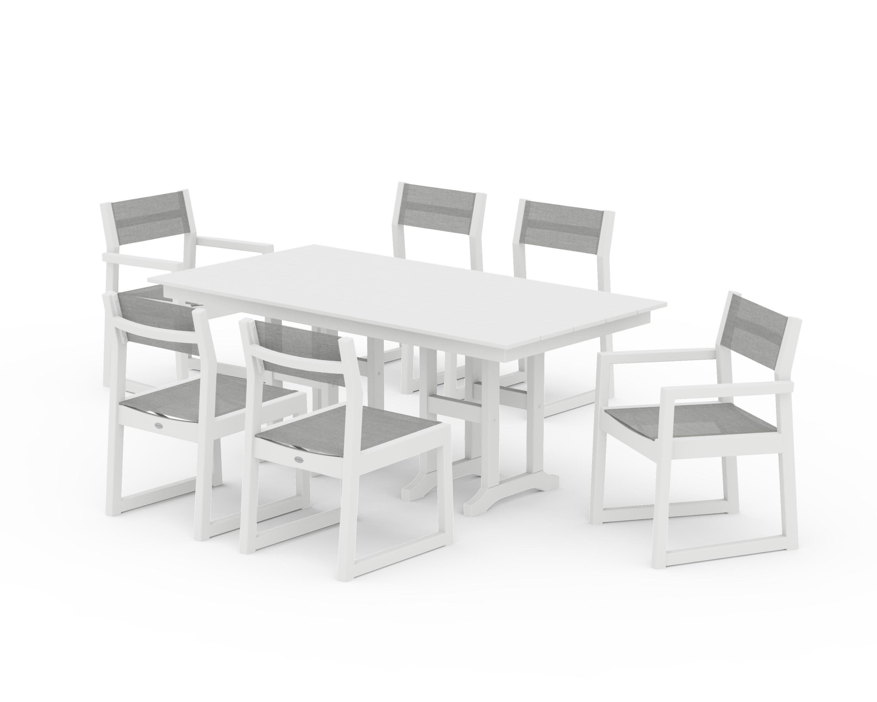 EDGE Sling 7-Piece Farmhouse Dining Set in White / Metallic Sling