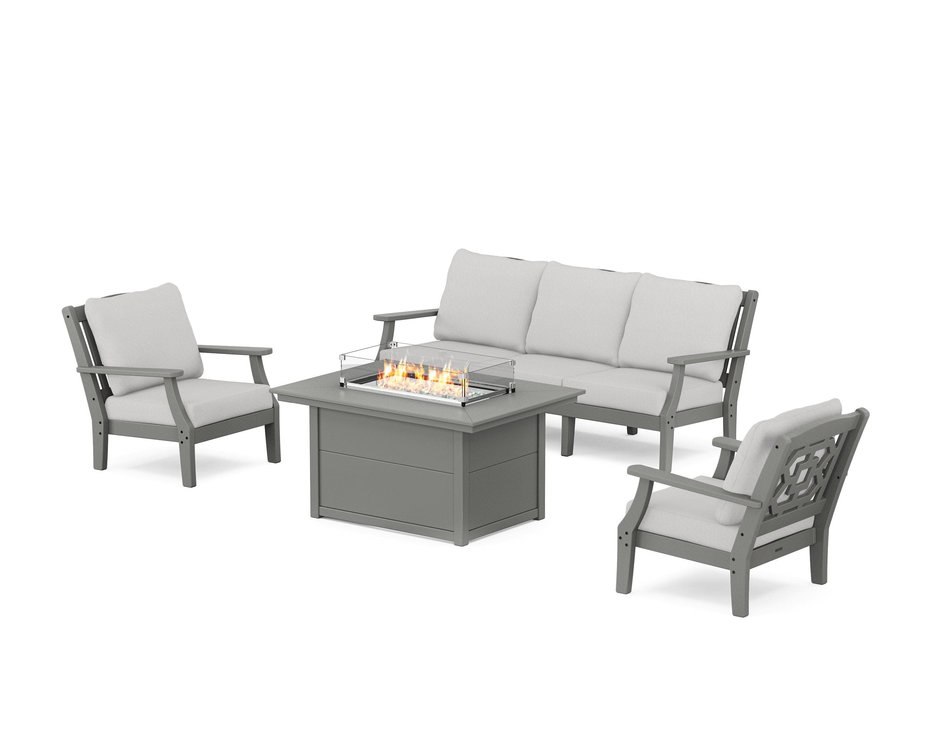 Chinoiserie Deep Seating Fire Pit Table Set in Slate Grey / Diamond in the Rough