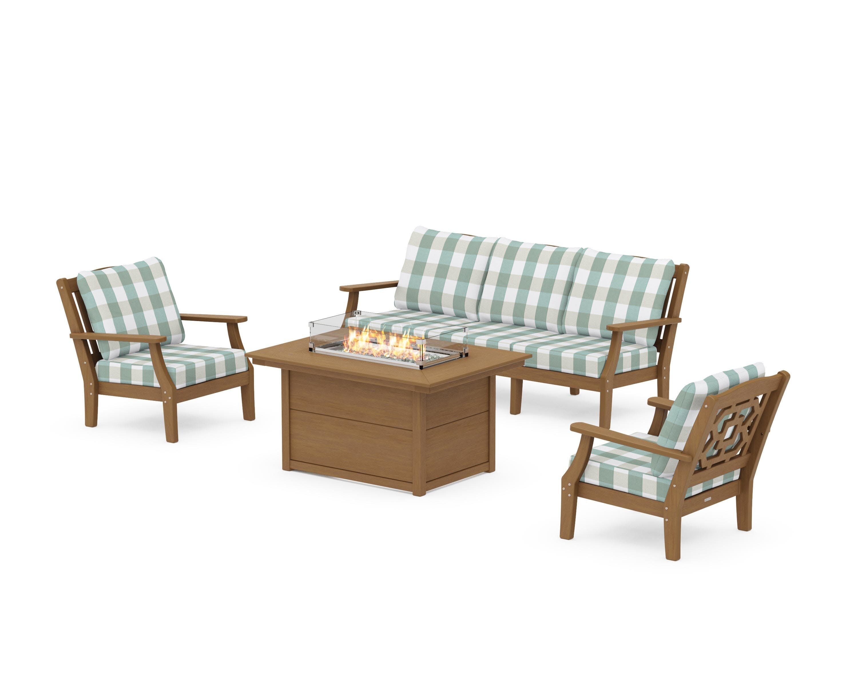 Chinoiserie Deep Seating Fire Pit Table Set in Natural / Buffalo Plaid Glacier Spa