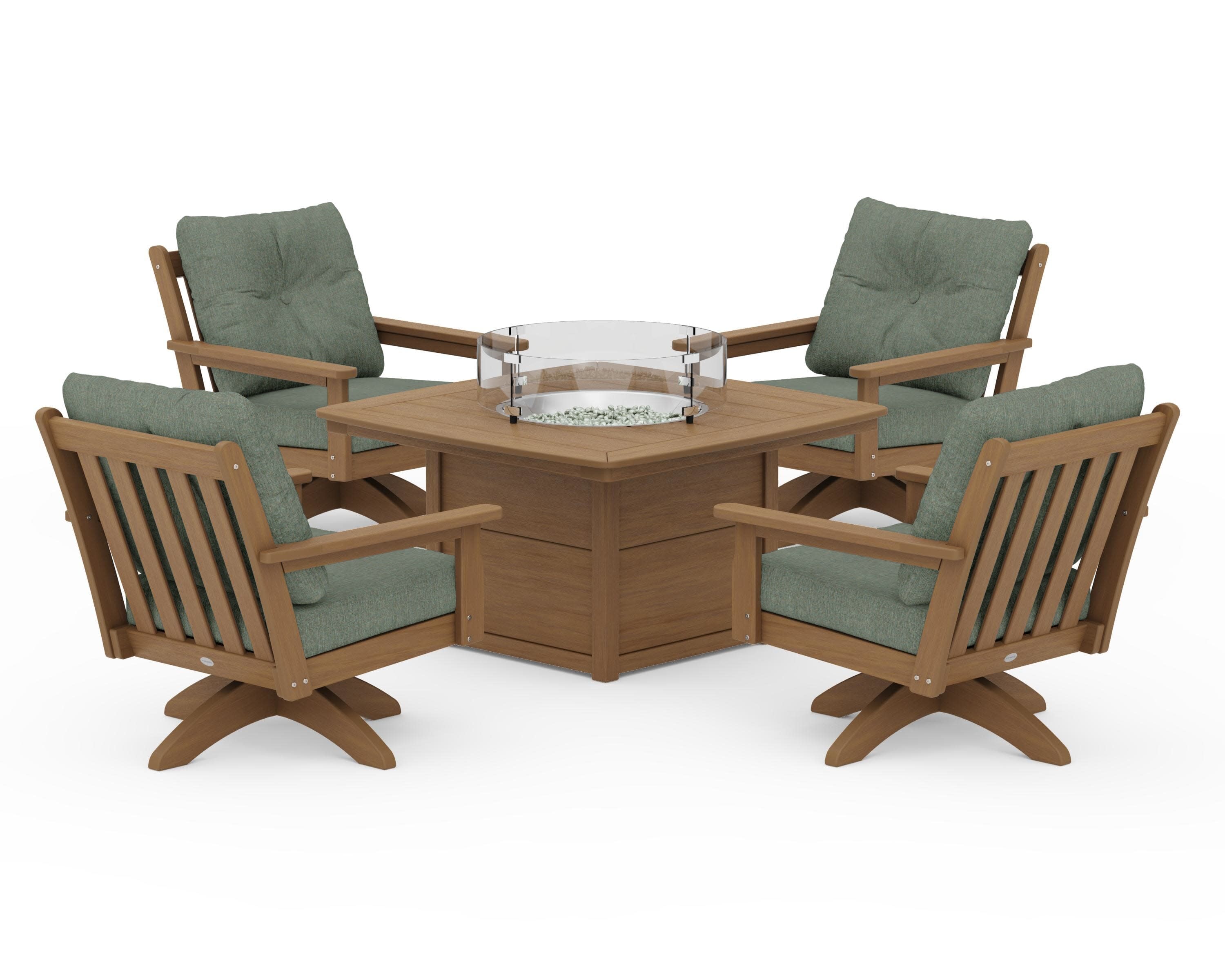 Vineyard 5-Piece Deep Seating Swivel Conversation Set with Fire Pit Table in Natural / Cast Sage