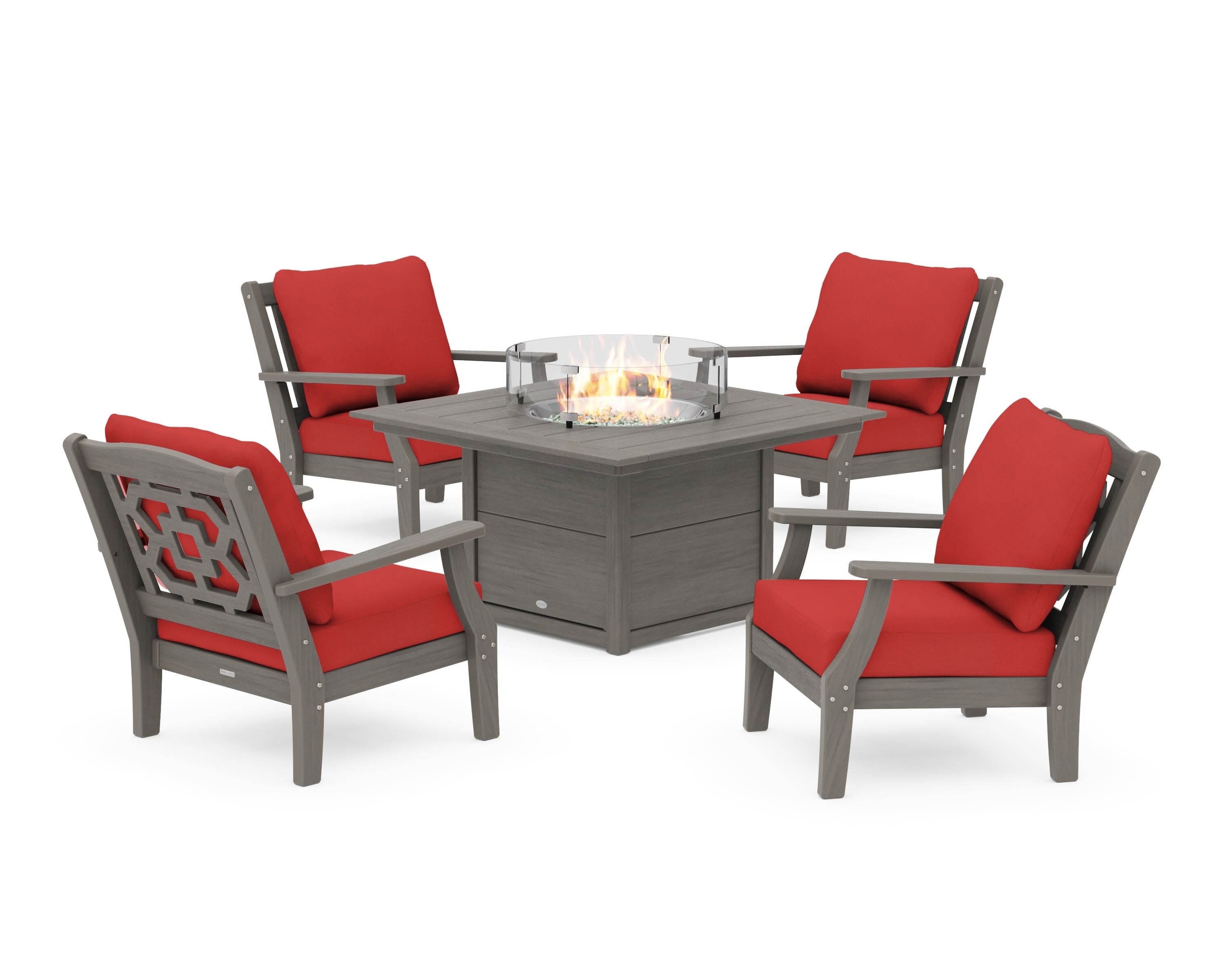 Chinoiserie 5-Piece Deep Seating Set with Fire Pit Table in Driftwood / Crimson Linen