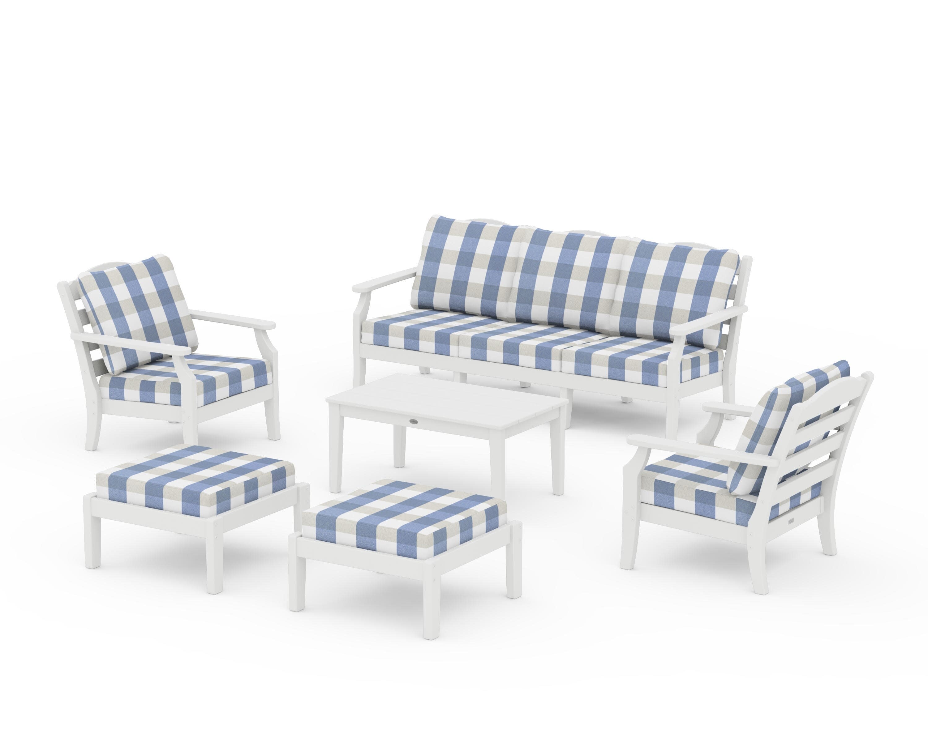 Savannah 6-Piece Lounge Sofa Set in White / Buffalo Plaid Sky Blue