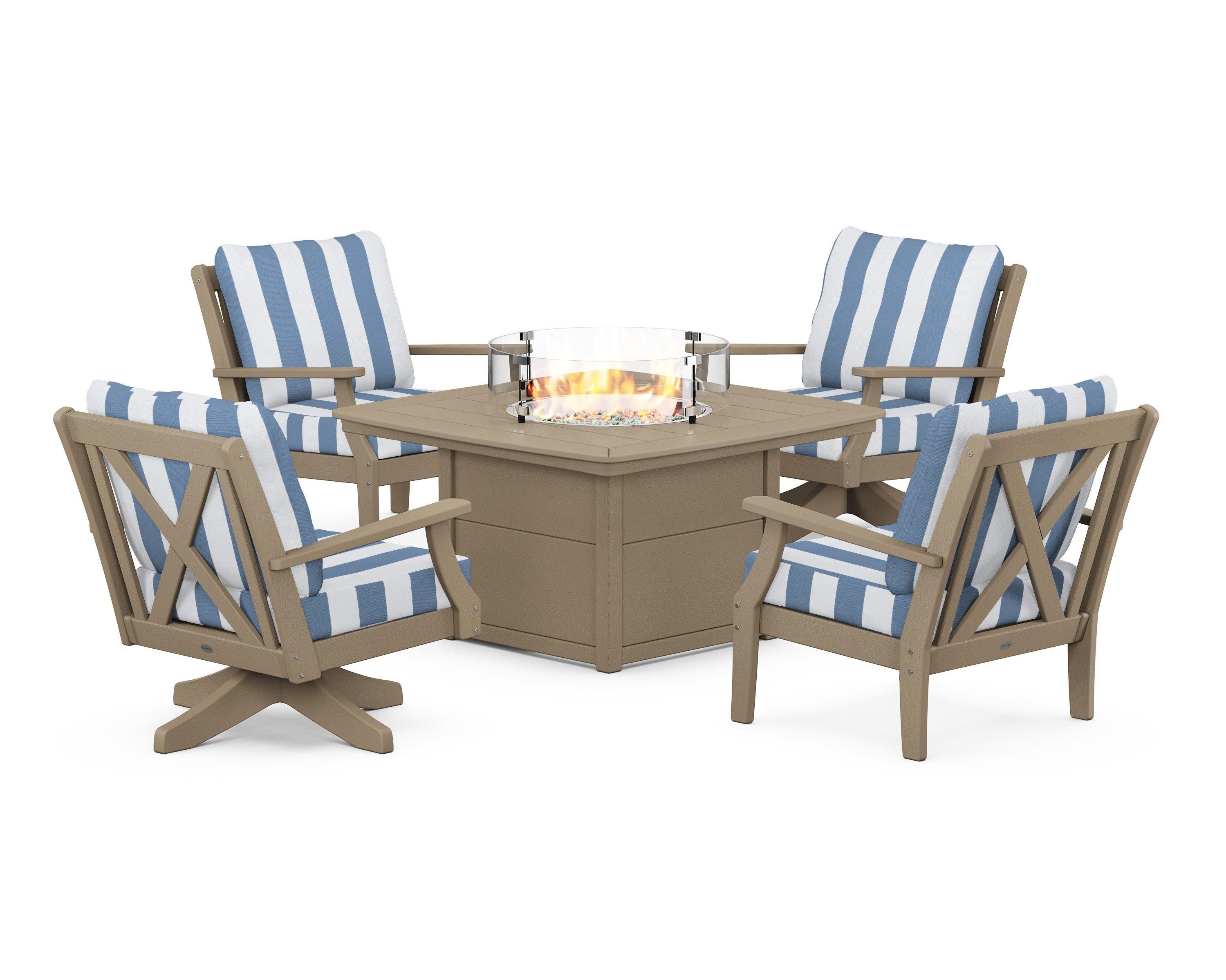 Braxton 5-Piece Deep Seating Set with Fire Table in Vintage Sahara / Cabana Stripe Sky Blue