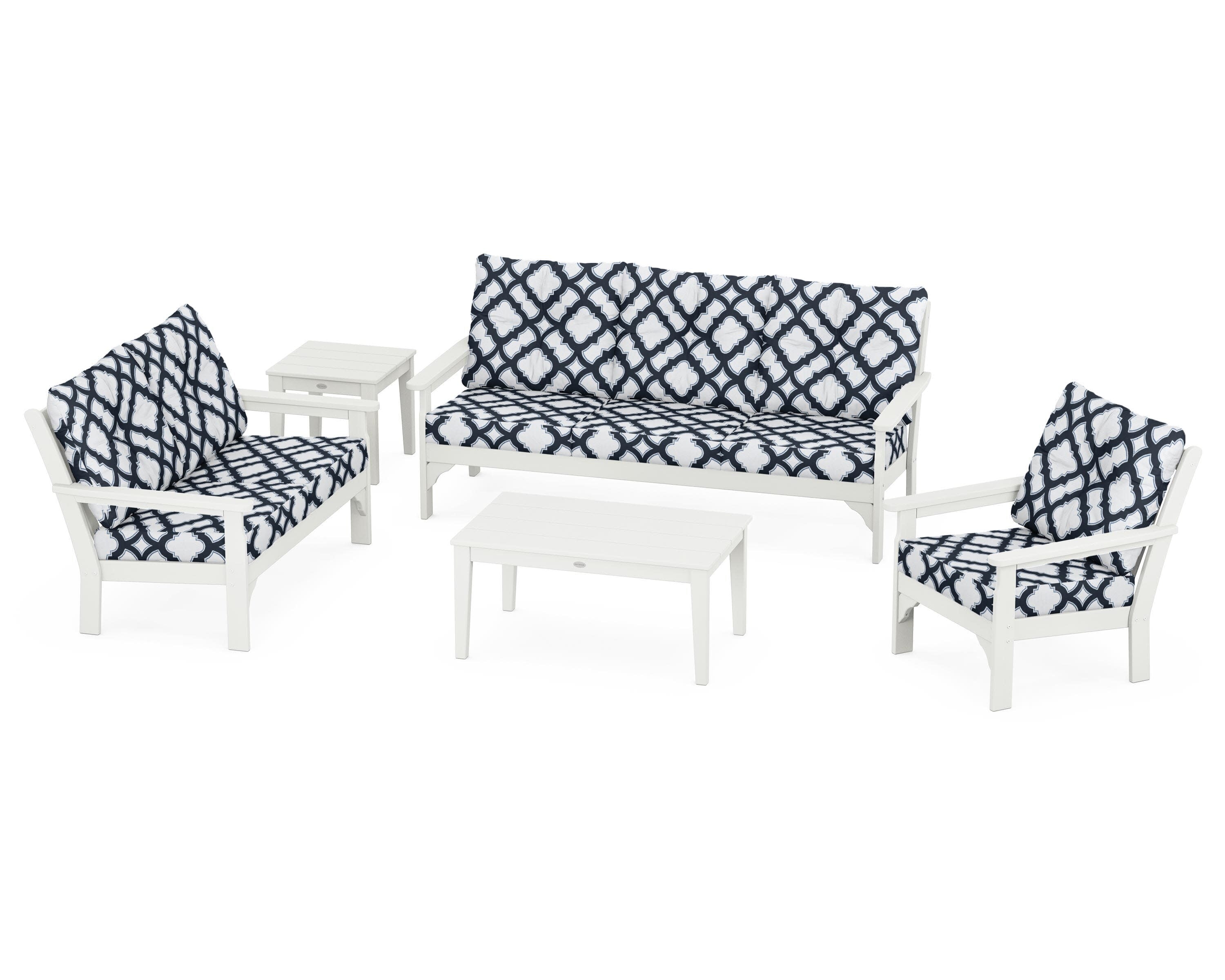 Vineyard 5 Piece Deep Seating Set in Vintage White / Trellis Marine Indigo