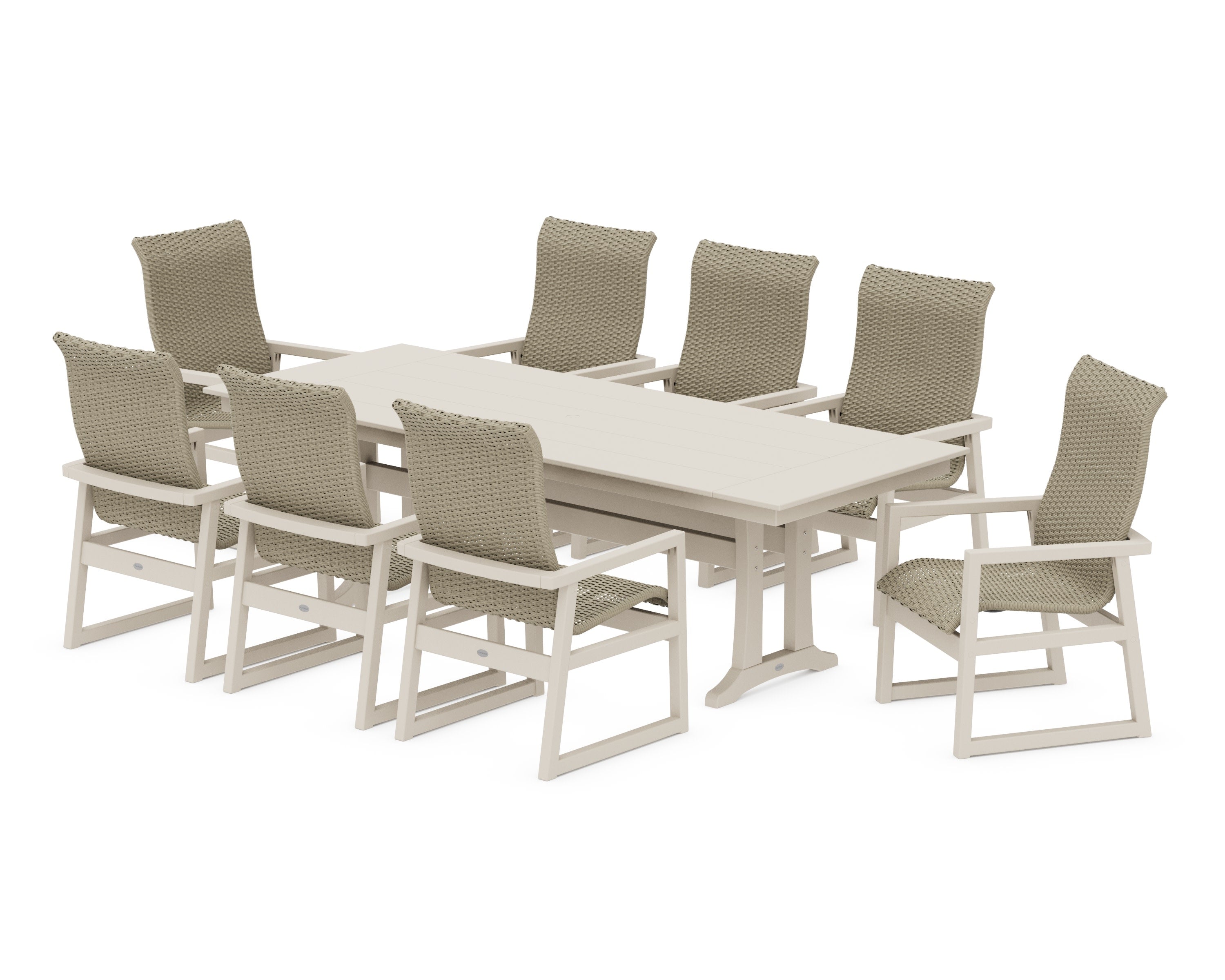 EDGE Woven Highback 9-Piece Farmhouse Dining Set with Trestle Legs in Sand / Dune Grass