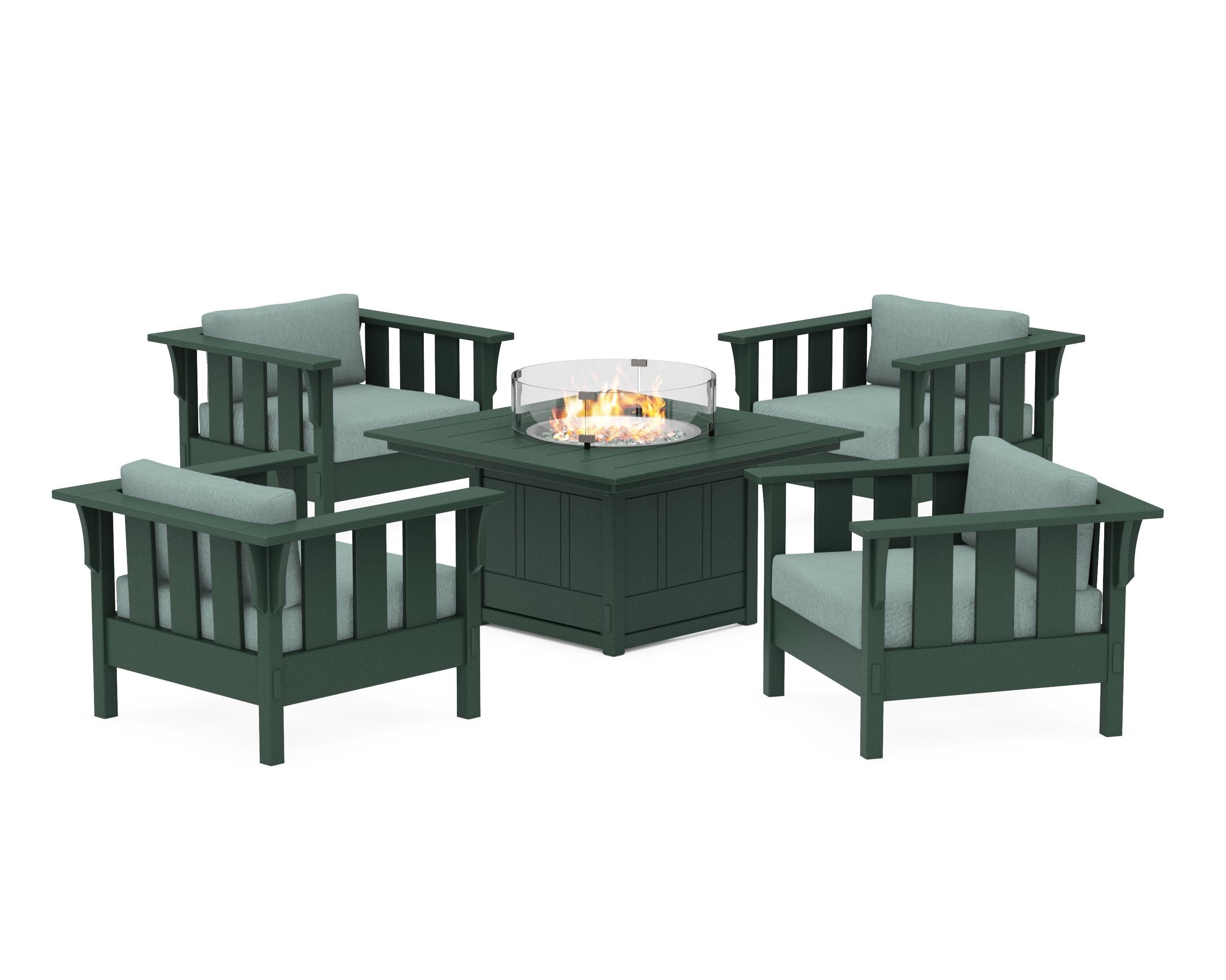 Acadia 5-Piece Deep Seating Set with Fire Pit Table in Green / Glacier Spa