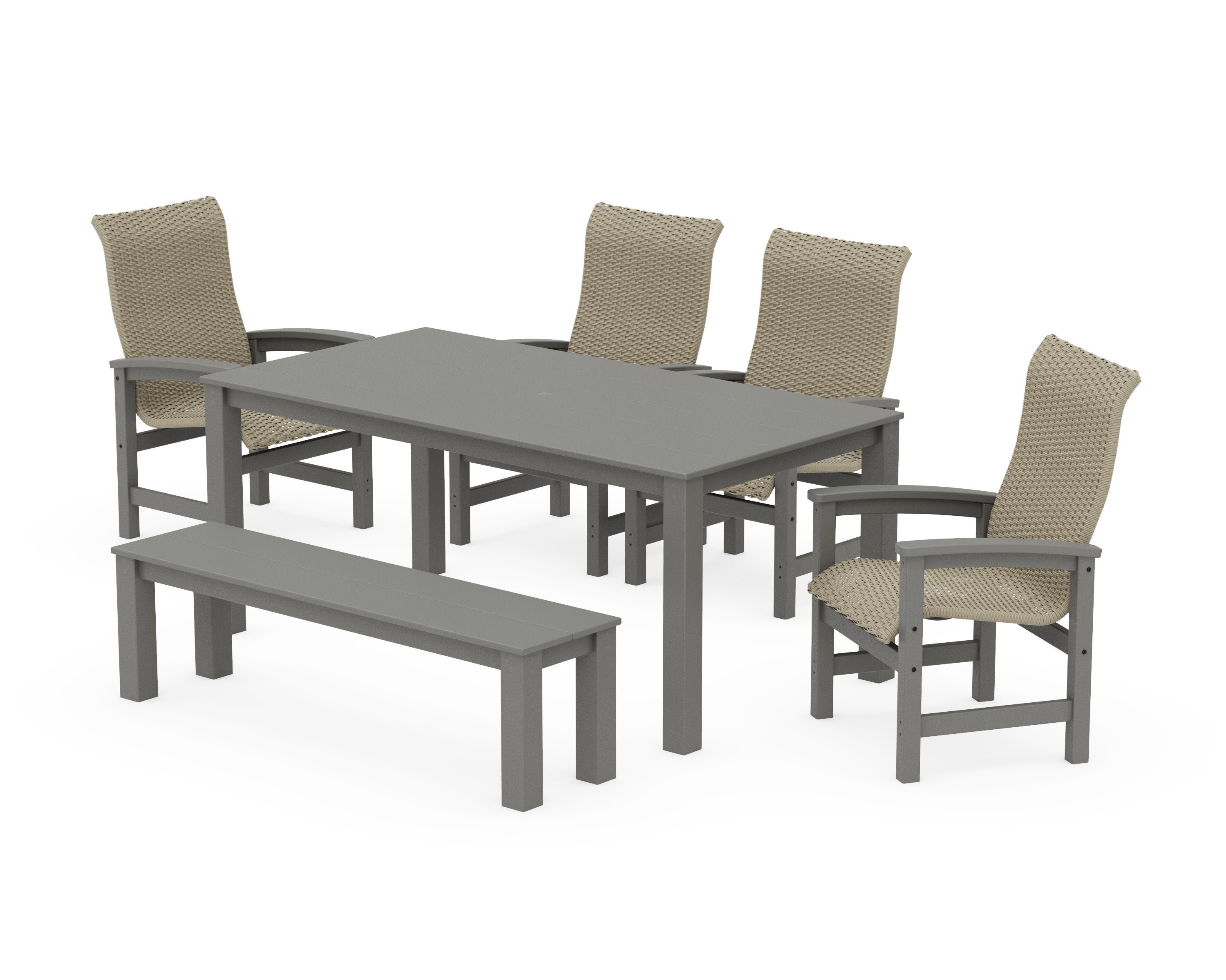 Coastal Woven High-Back 6-Piece Parsons Dining Set with Bench