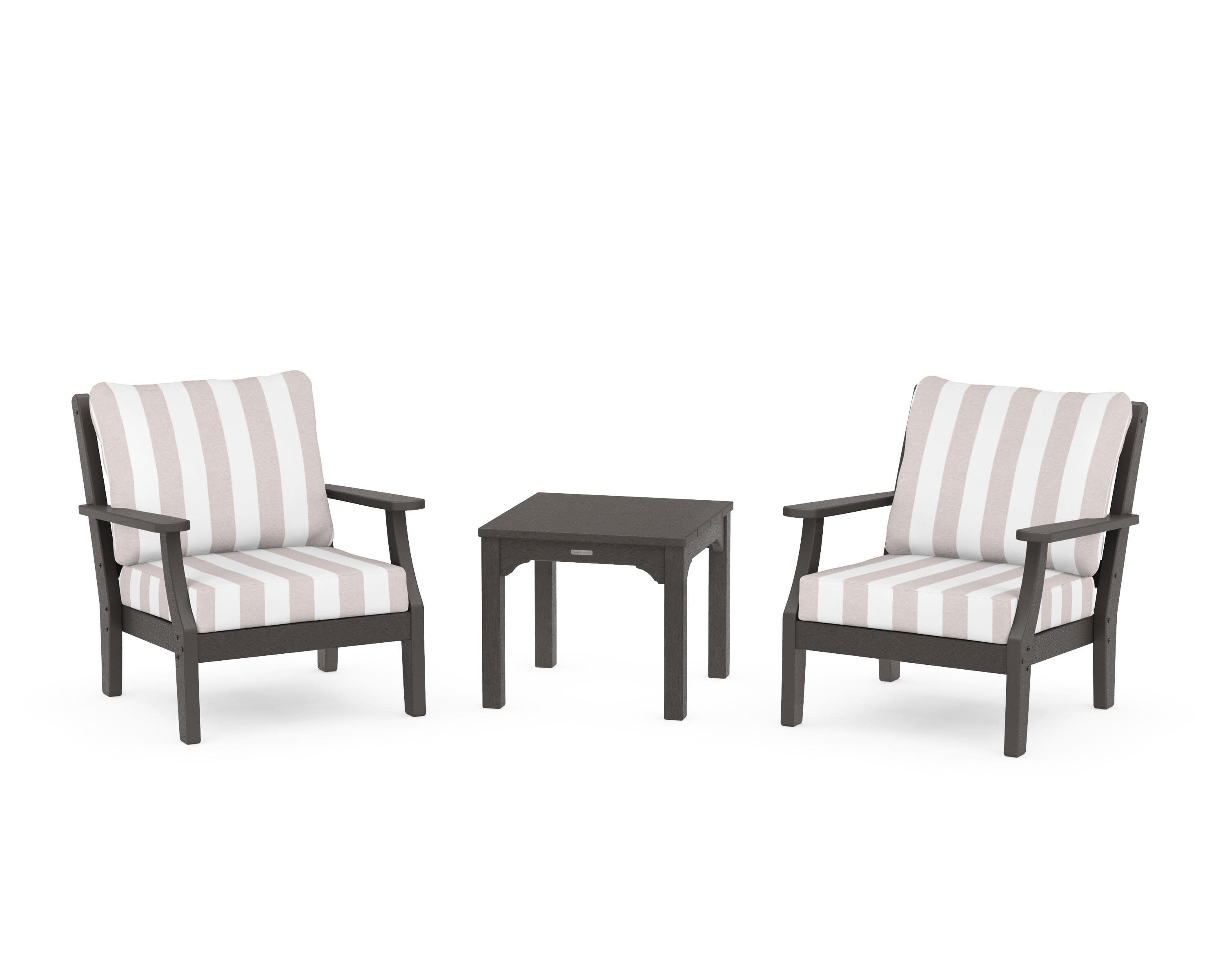 Chinoiserie 3-Piece Deep Seating Set in Vintage Coffee / Cabana Stripe Dune Burlap