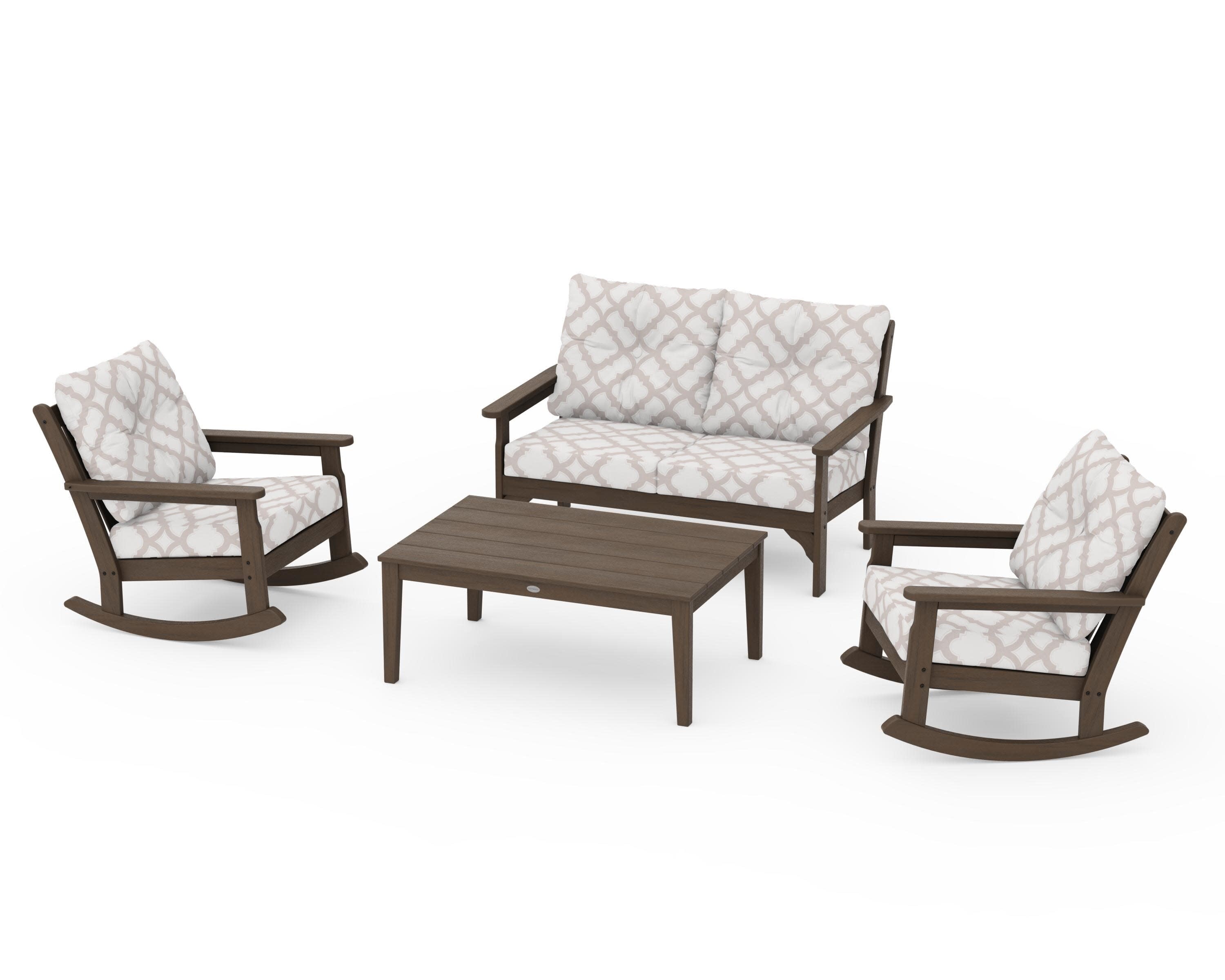 Vineyard 4-Piece Deep Seating Rocking Chair Set in Kona / Trellis Dune Burlap