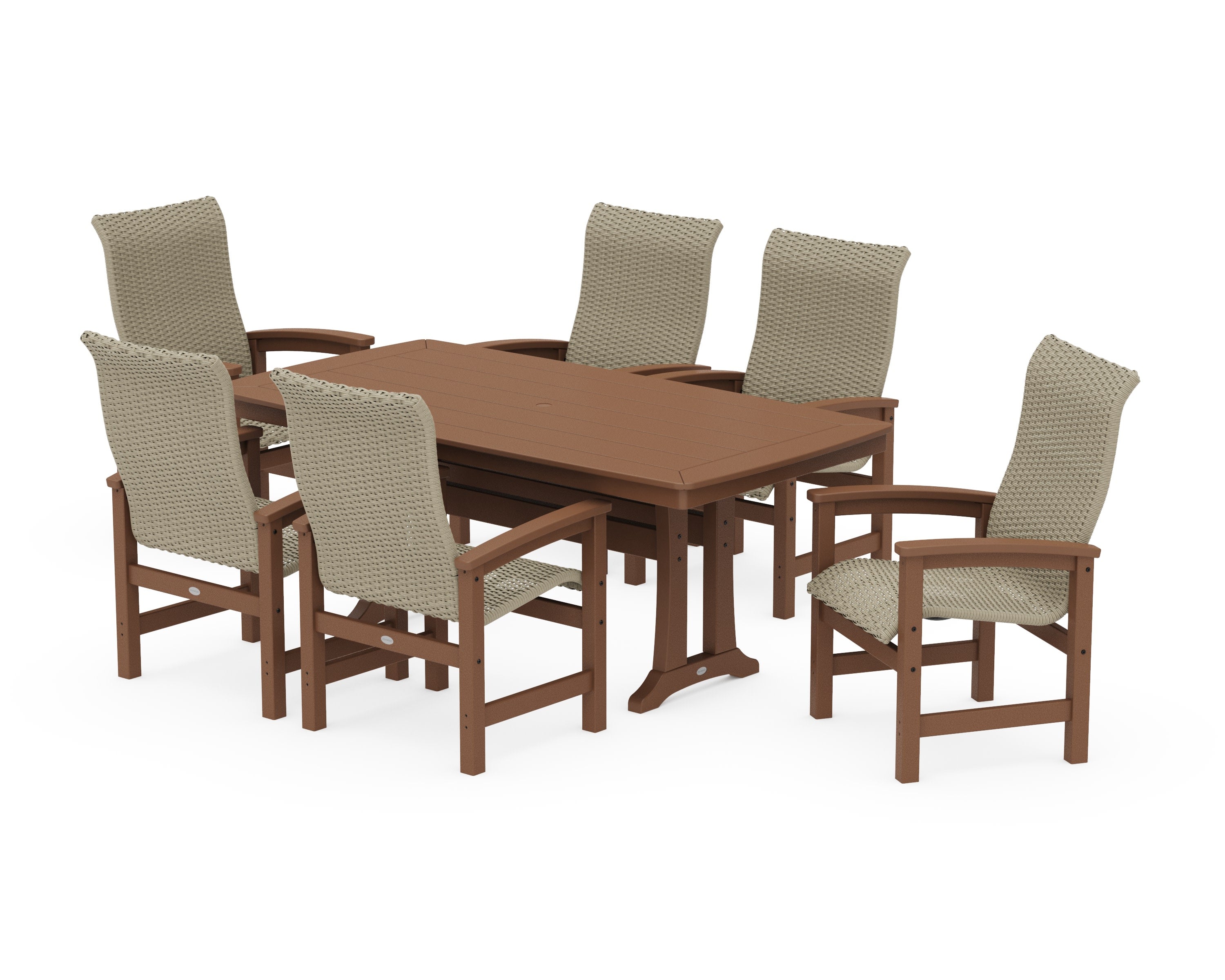 Coastal Woven High-Back Arm Chair 7-Piece Dining Set with Trestle Legs in Teak / Dune Grass