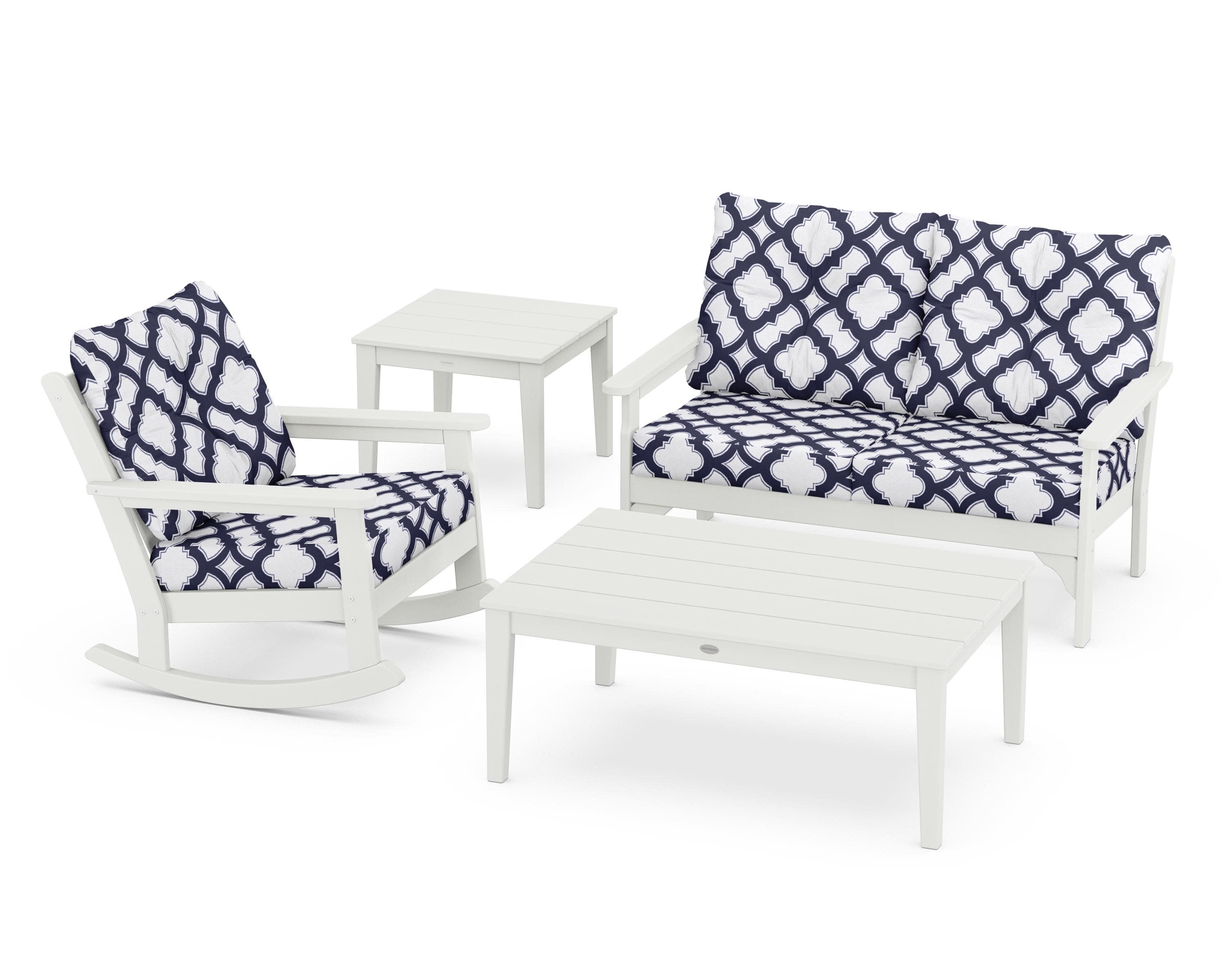 Vineyard 4-Piece Deep Seating Rocker Set in Vintage White / Trellis Navy
