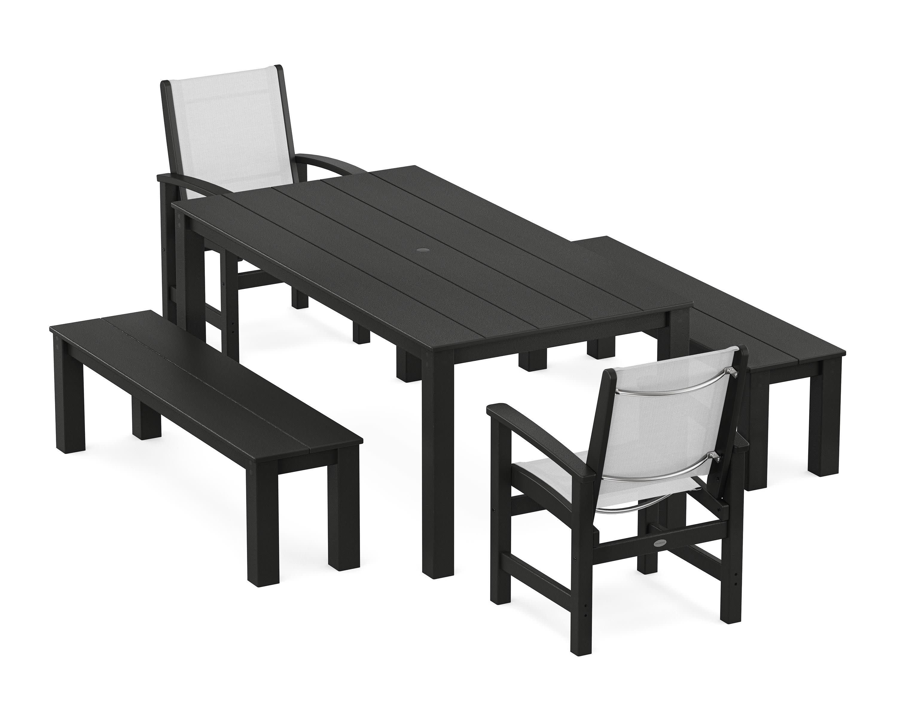 Coastal 5-Piece Parsons Dining Set with Benches in Black / White Sling