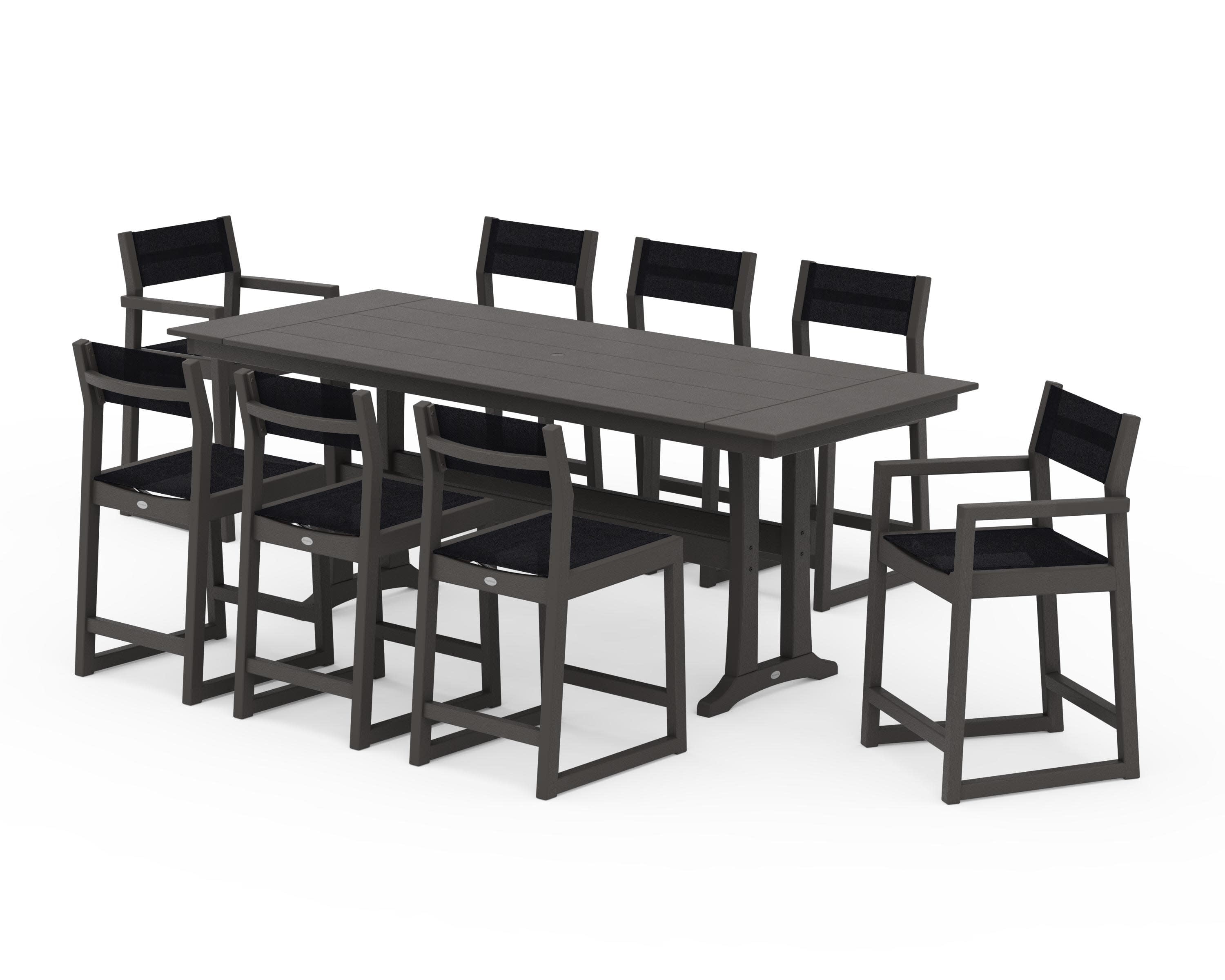 EDGE Sling 9-Piece Farmhouse Counter Set with Trestle Legs in Vintage Coffee / Black Sling