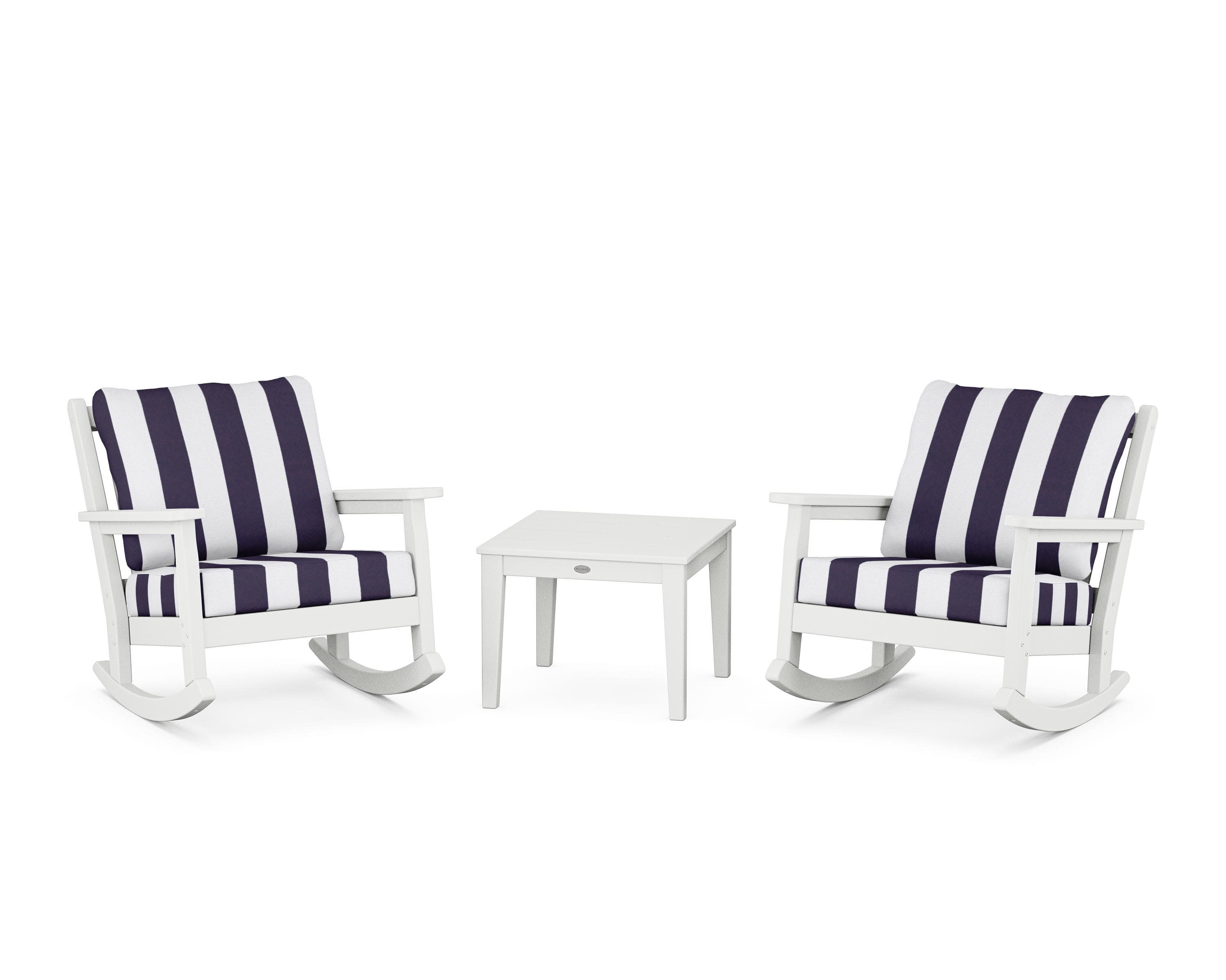 Chippendale 3-Piece Deep Seating Rocker Set in White / Cabana Stripe Navy