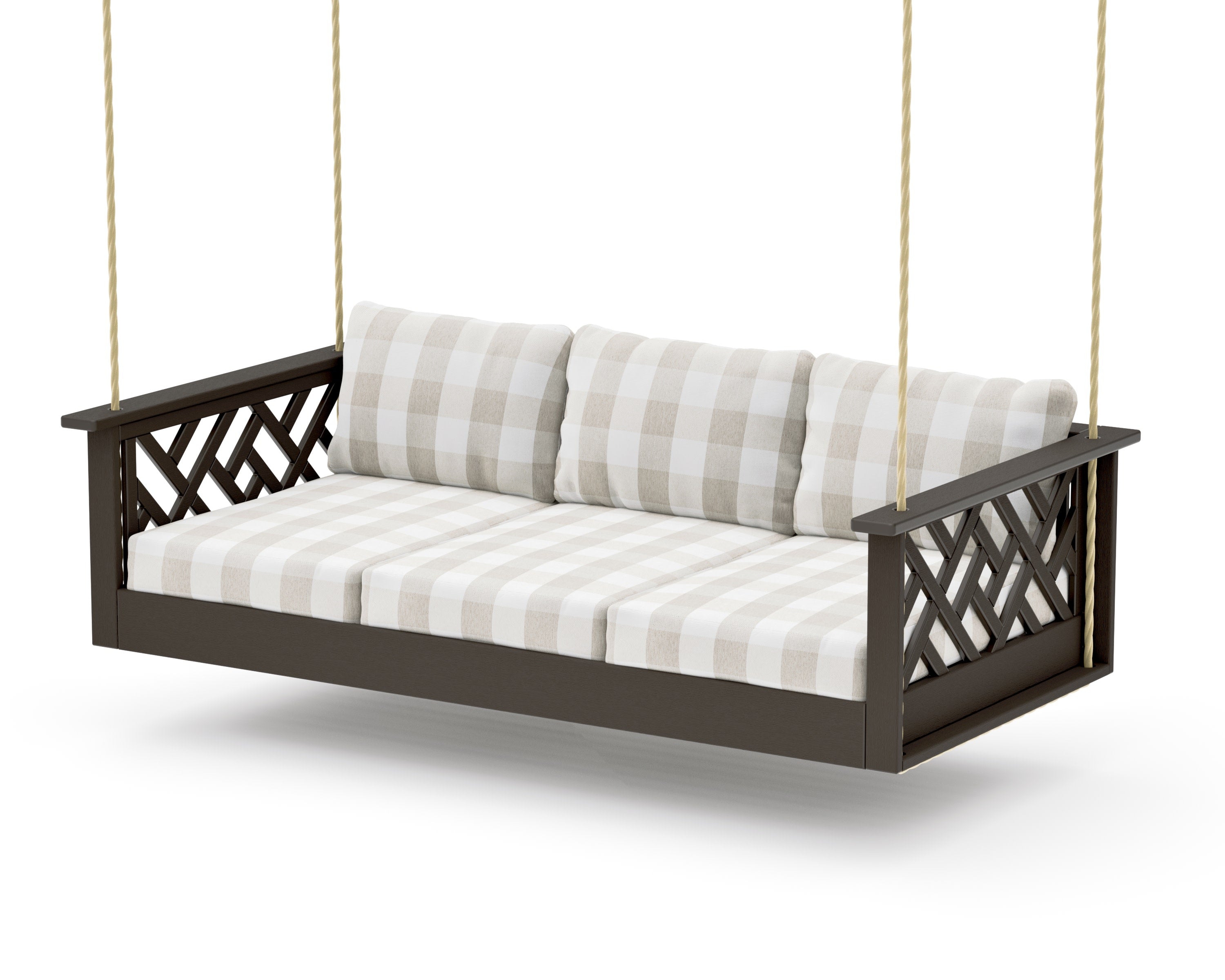Chippendale Daybed Swing in Vintage Coffee / Buffalo Plaid Dune Burlap