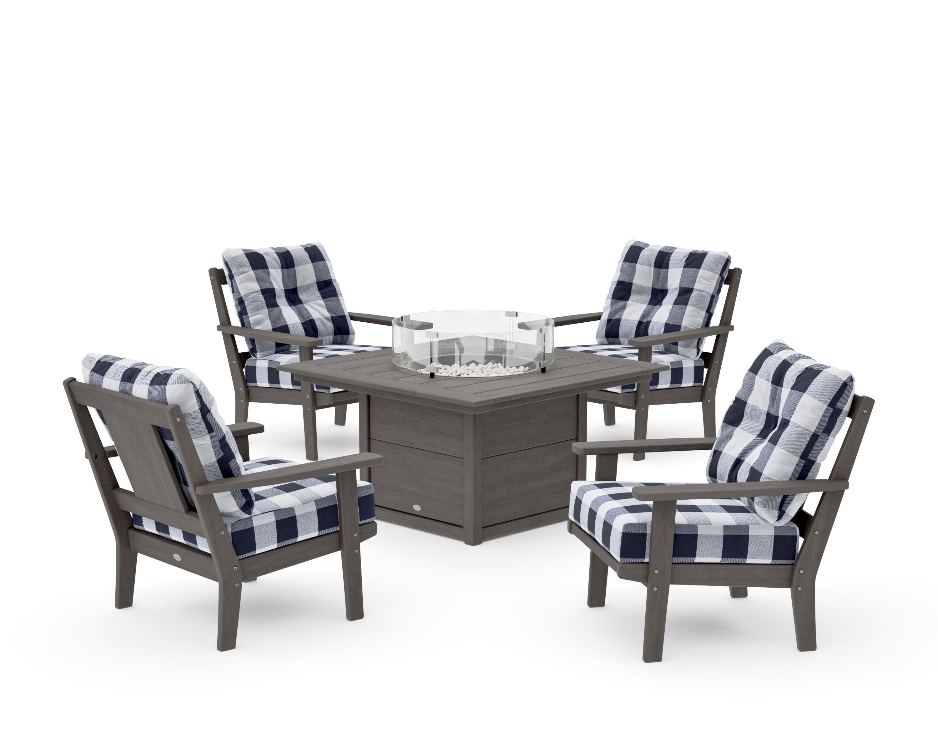 Prairie 5-Piece Deep Seating Set with Fire Pit Table in Driftwood / Buffalo Plaid Navy