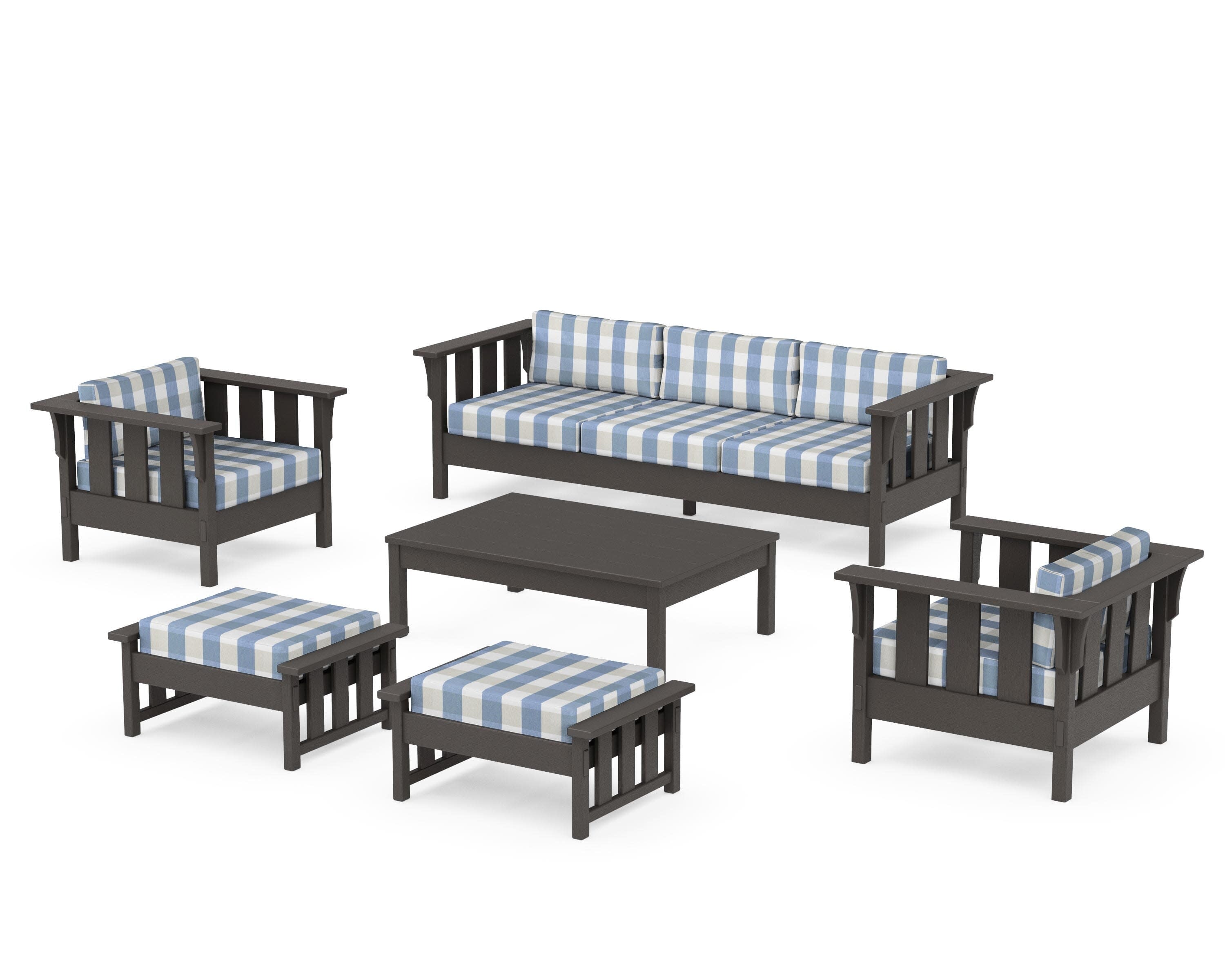 Acadia 6-Piece Lounge Sofa Set in Vintage Coffee / Buffalo Plaid Sky Blue