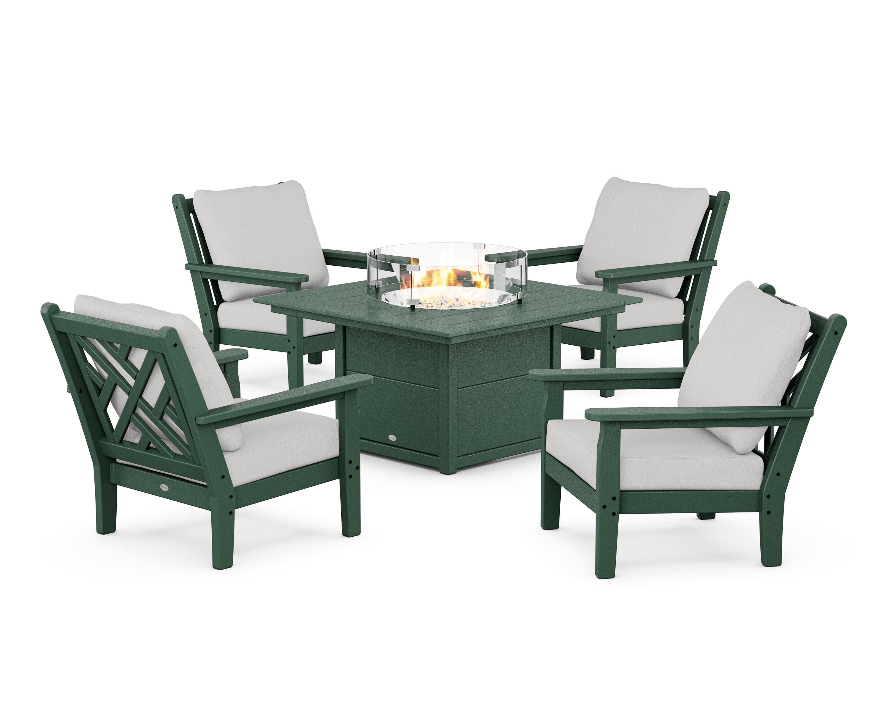 Chippendale 5-Piece Deep Seating Set with Fire Pit Table in Green / Diamond in the Rough