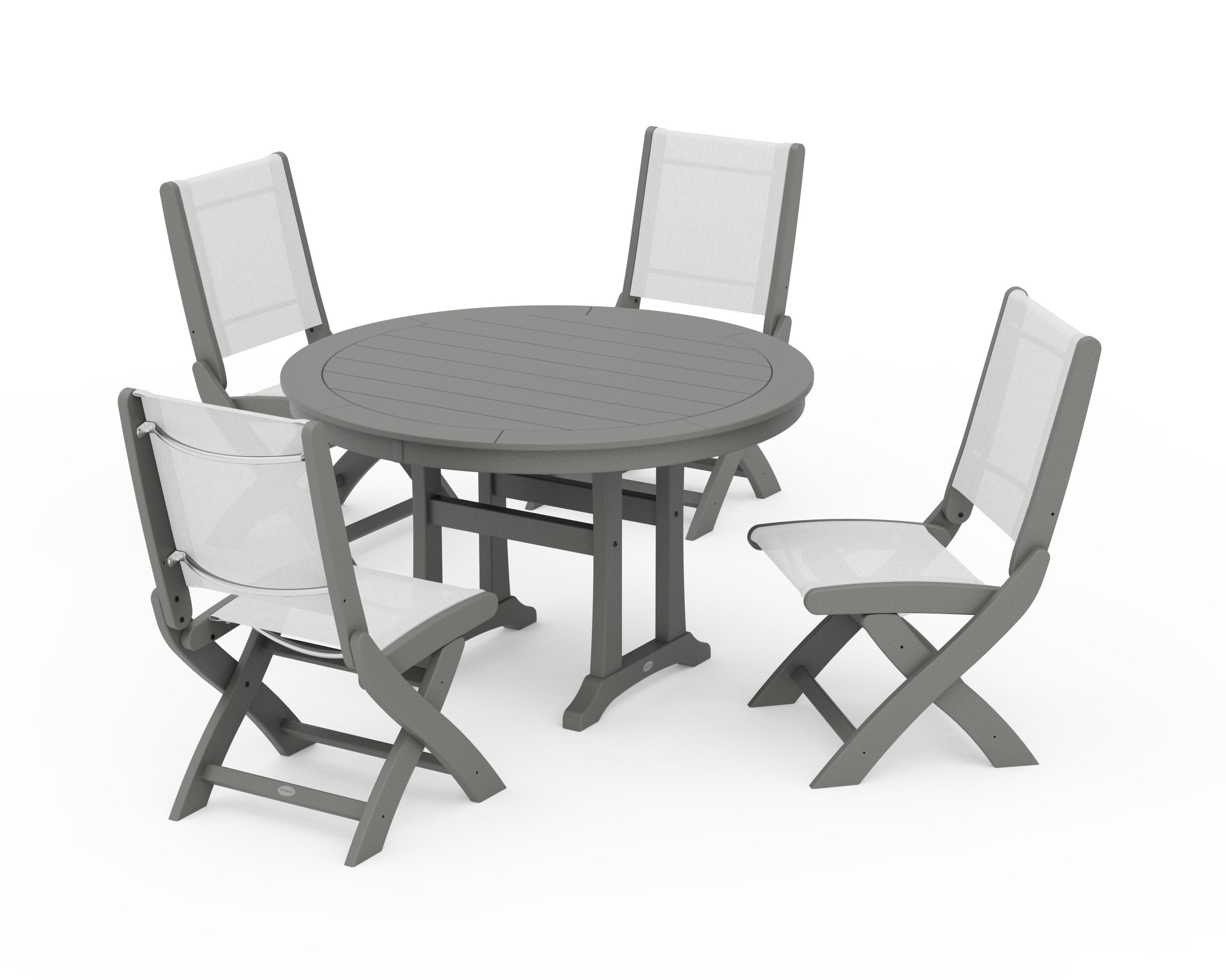 Coastal Folding Side Chair 5-Piece Round Dining Set With Trestle Legs in Slate Grey / White Sling