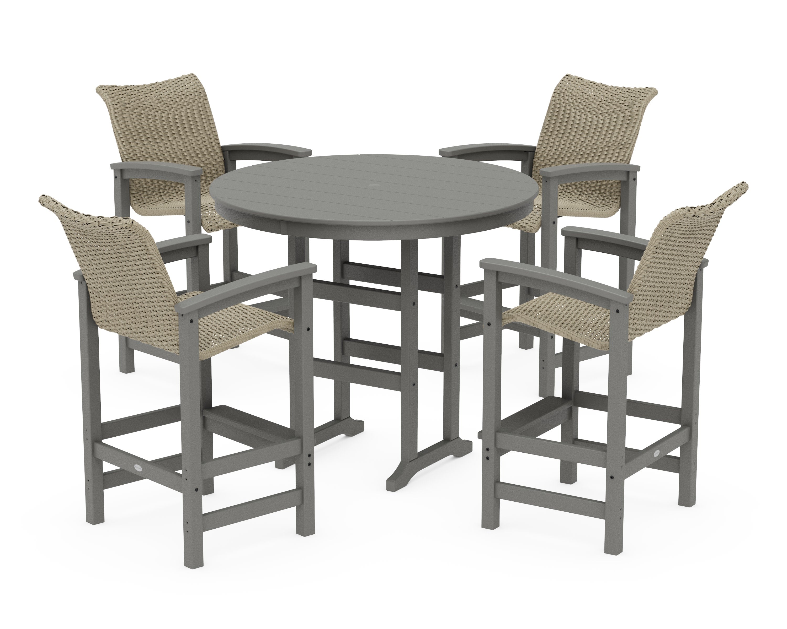 Coastal Woven 5-Piece Round Farmhouse Bar Set in Slate Grey / Dune Grass