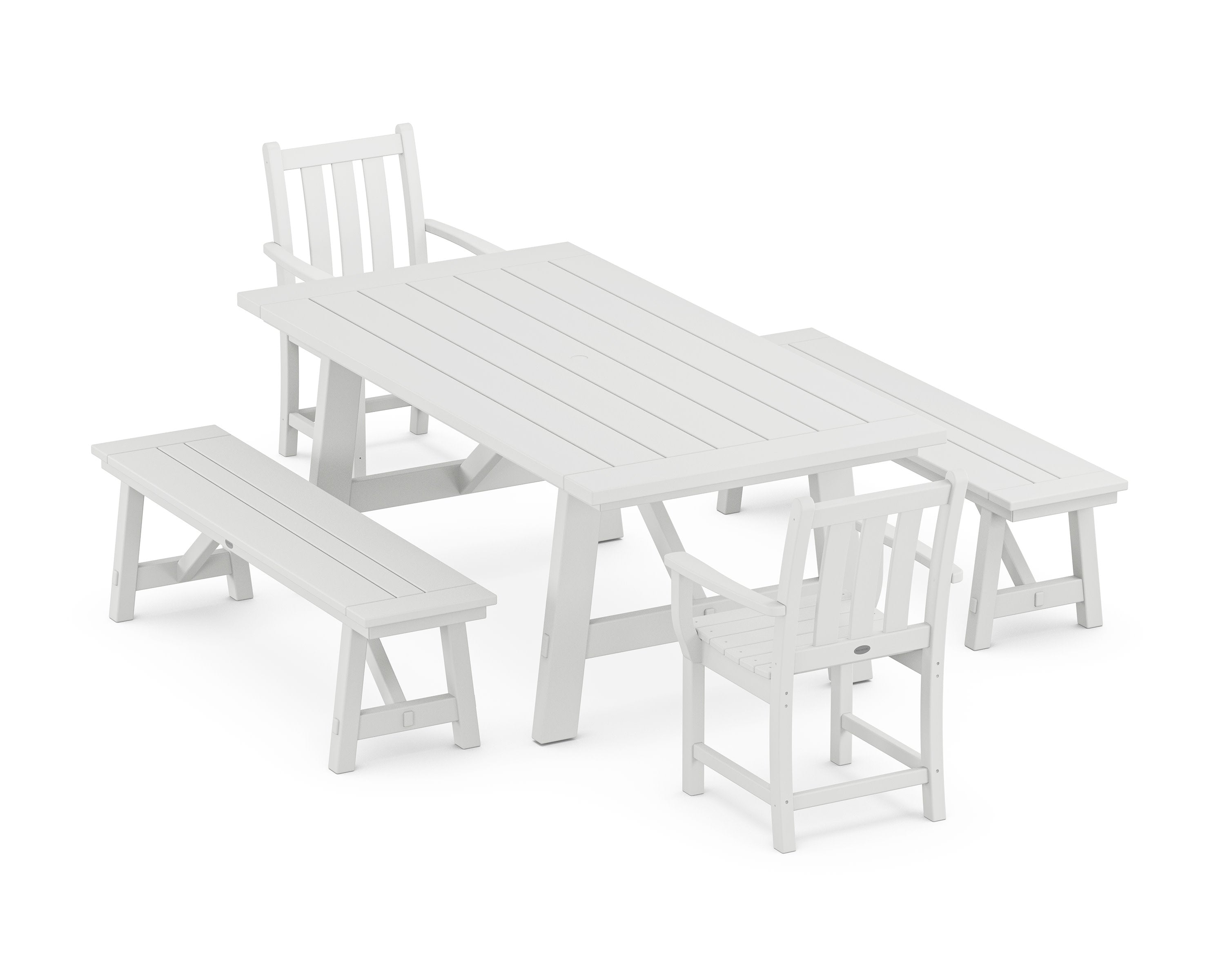 Traditional Garden 5-Piece Rustic Farmhouse Dining Set With Benches in White