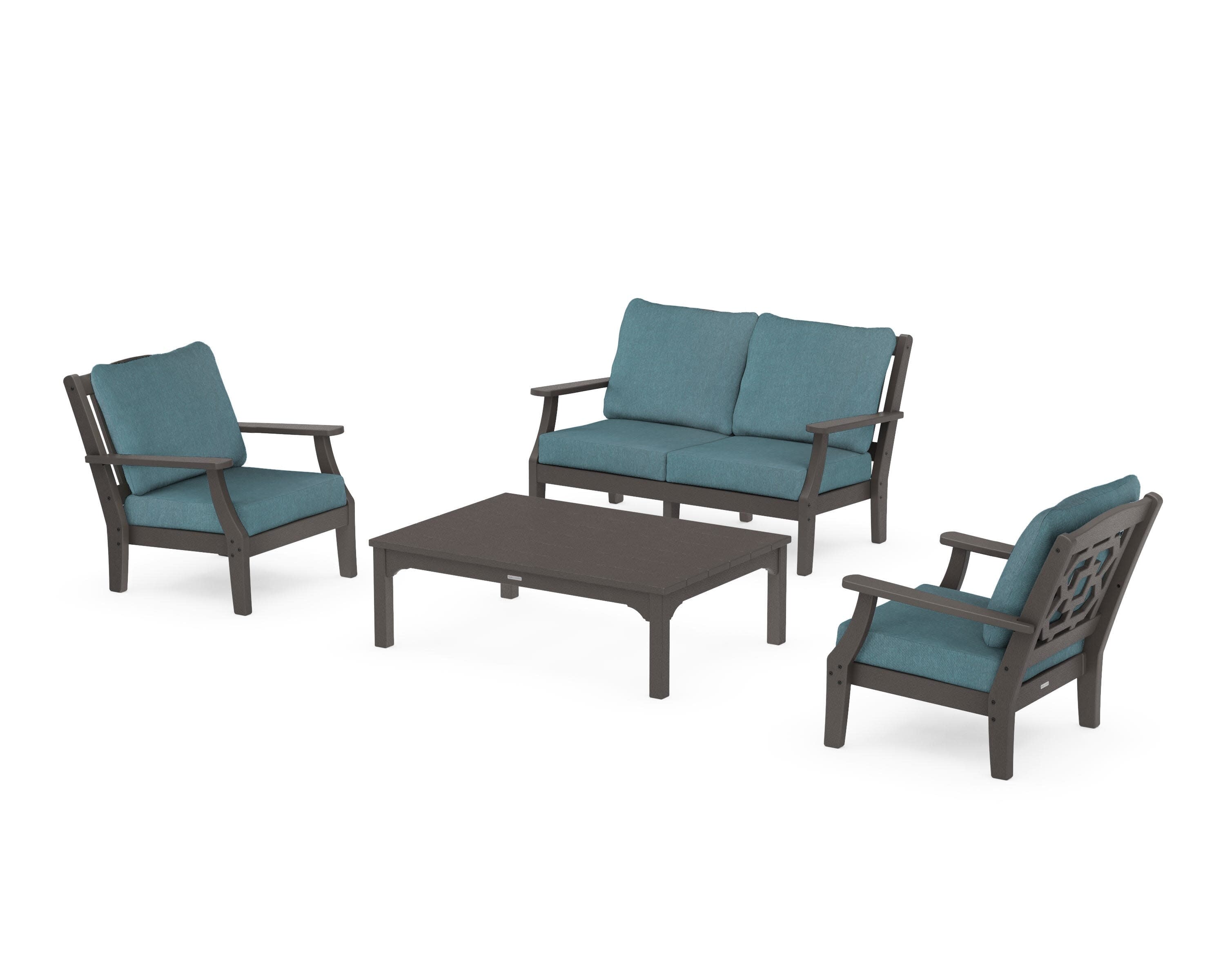Chinoiserie 4-Piece Deep Seating Set with Loveseat in Vintage Coffee / Ocean Teal