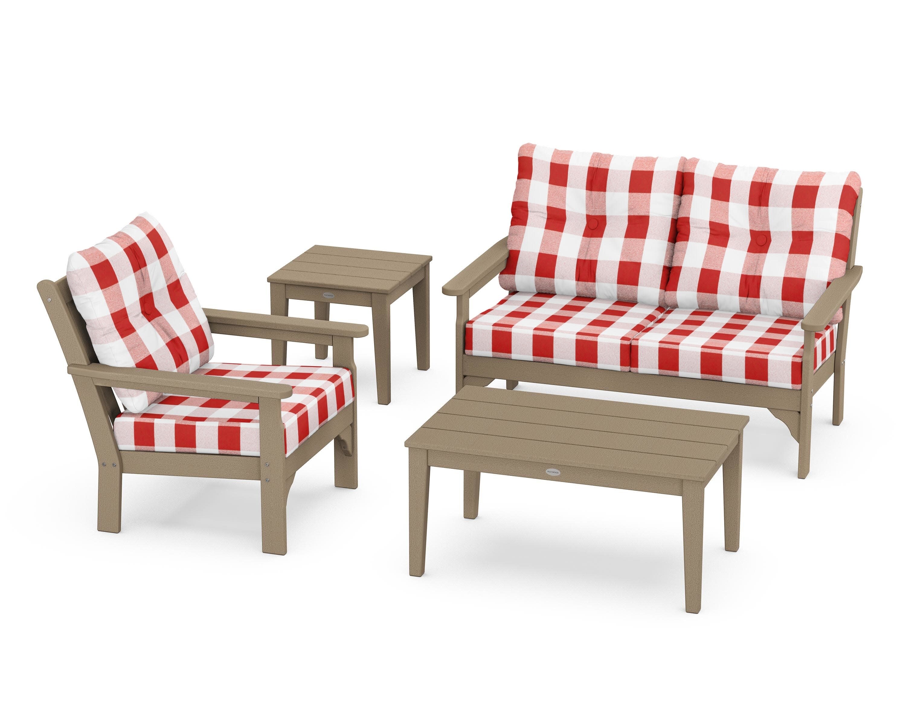 Vineyard 4-Piece Deep Seating Set in Vintage Sahara / Buffalo Plaid Crimson