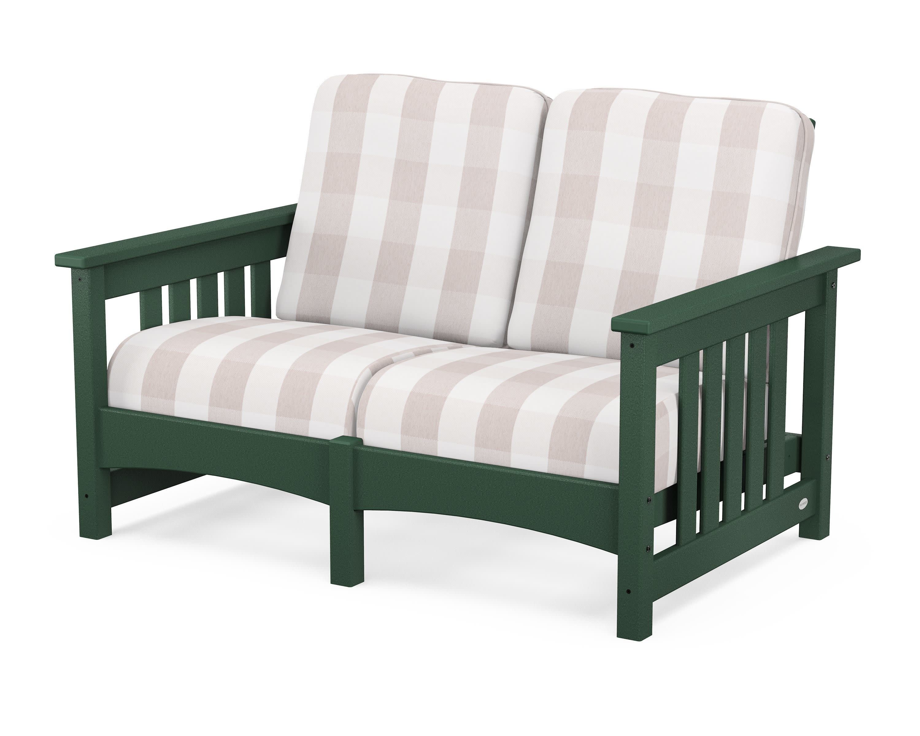 Club Mission Loveseat in Green / Buffalo Plaid Dune Burlap