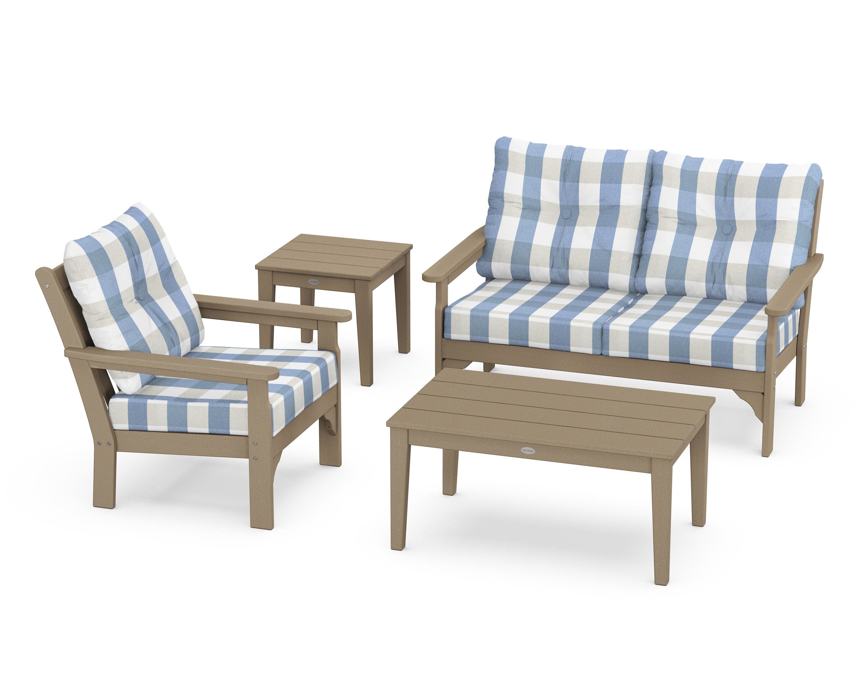 Vineyard 4-Piece Deep Seating Set in Vintage Sahara / Buffalo Plaid Sky Blue
