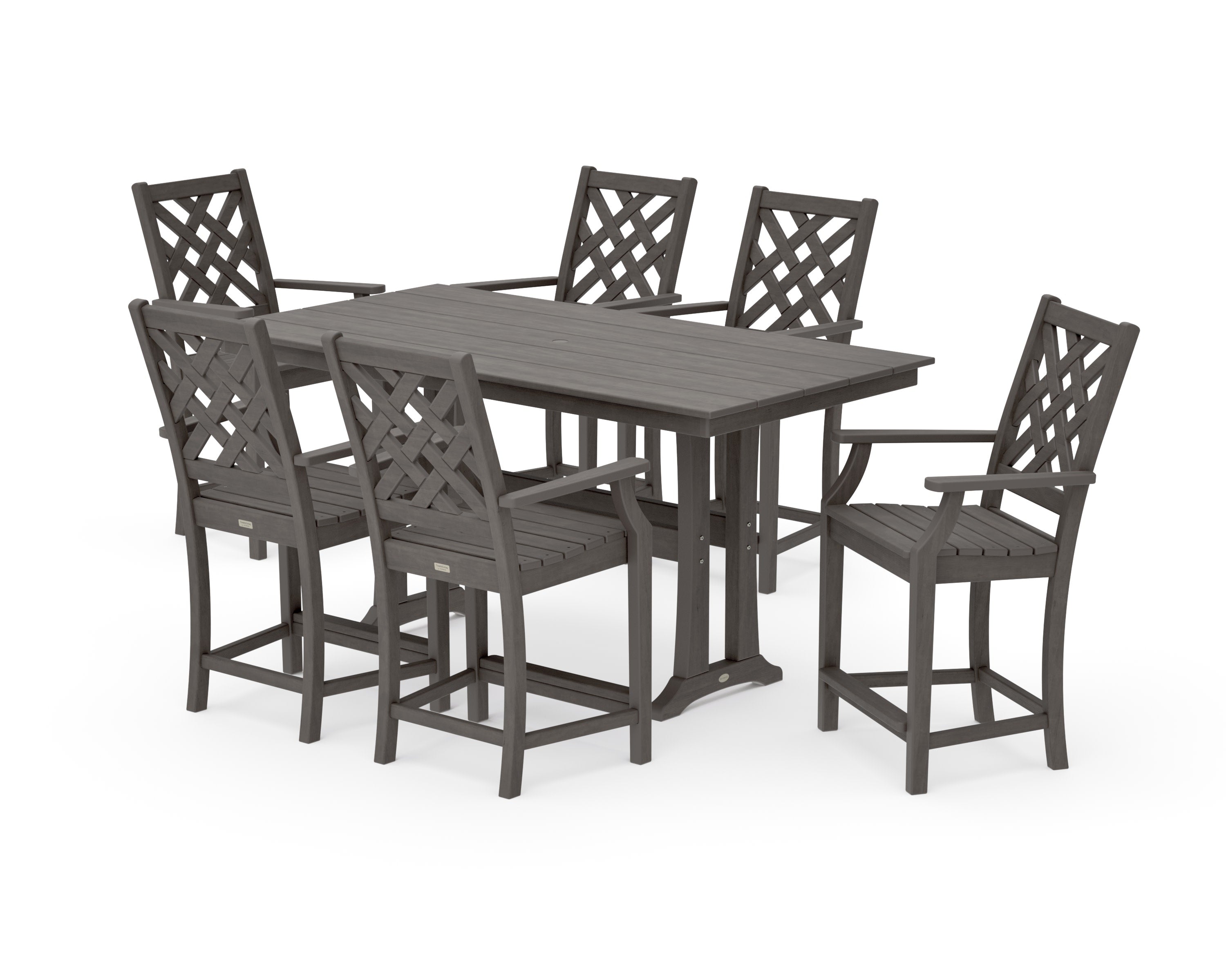 Wovendale Arm Chair 7-Piece Farmhouse Counter Set with Trestle Legs in Driftwood