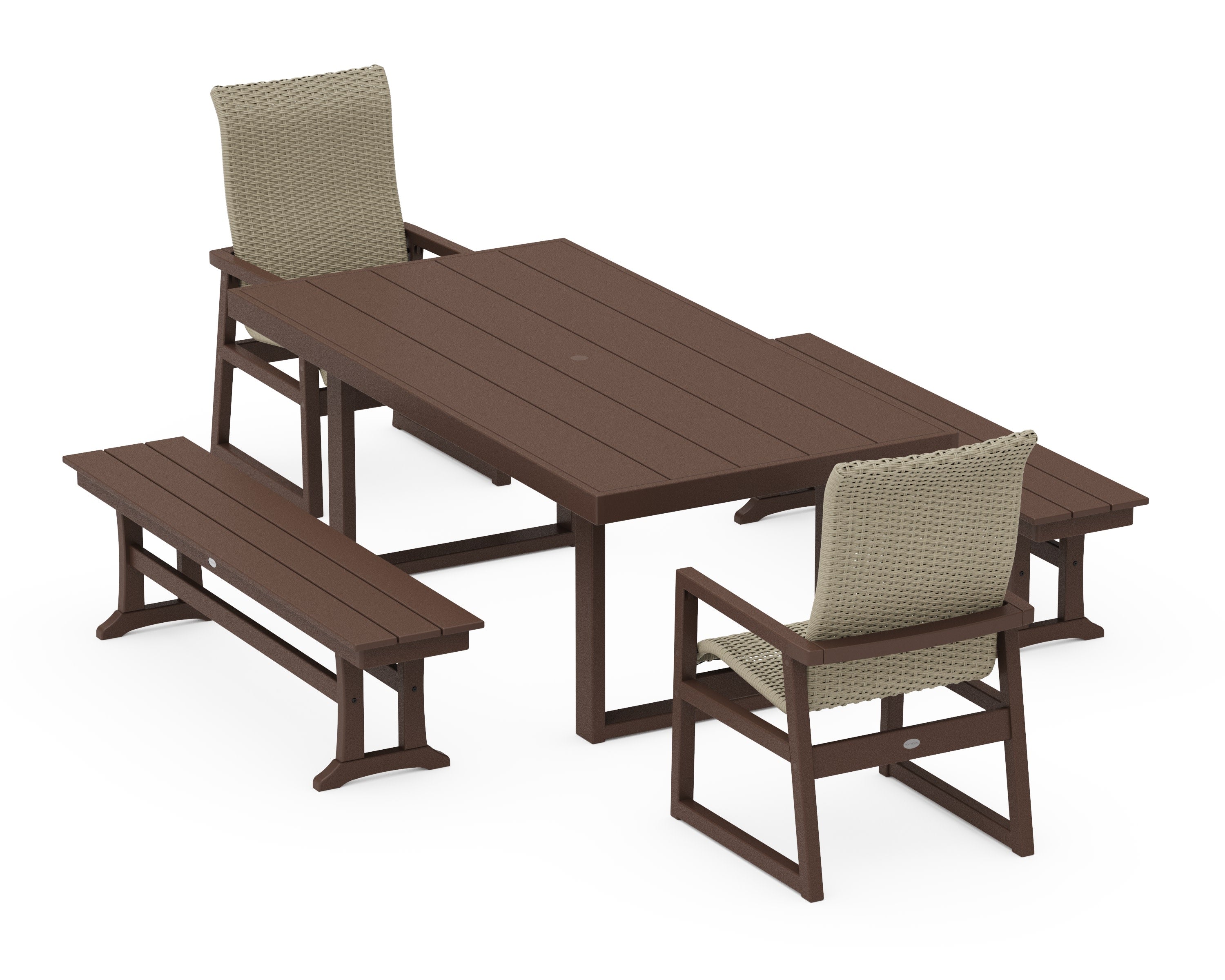 EDGE Woven Highback 5-Piece Dining Set with Benches in Mahogany / Dune Grass
