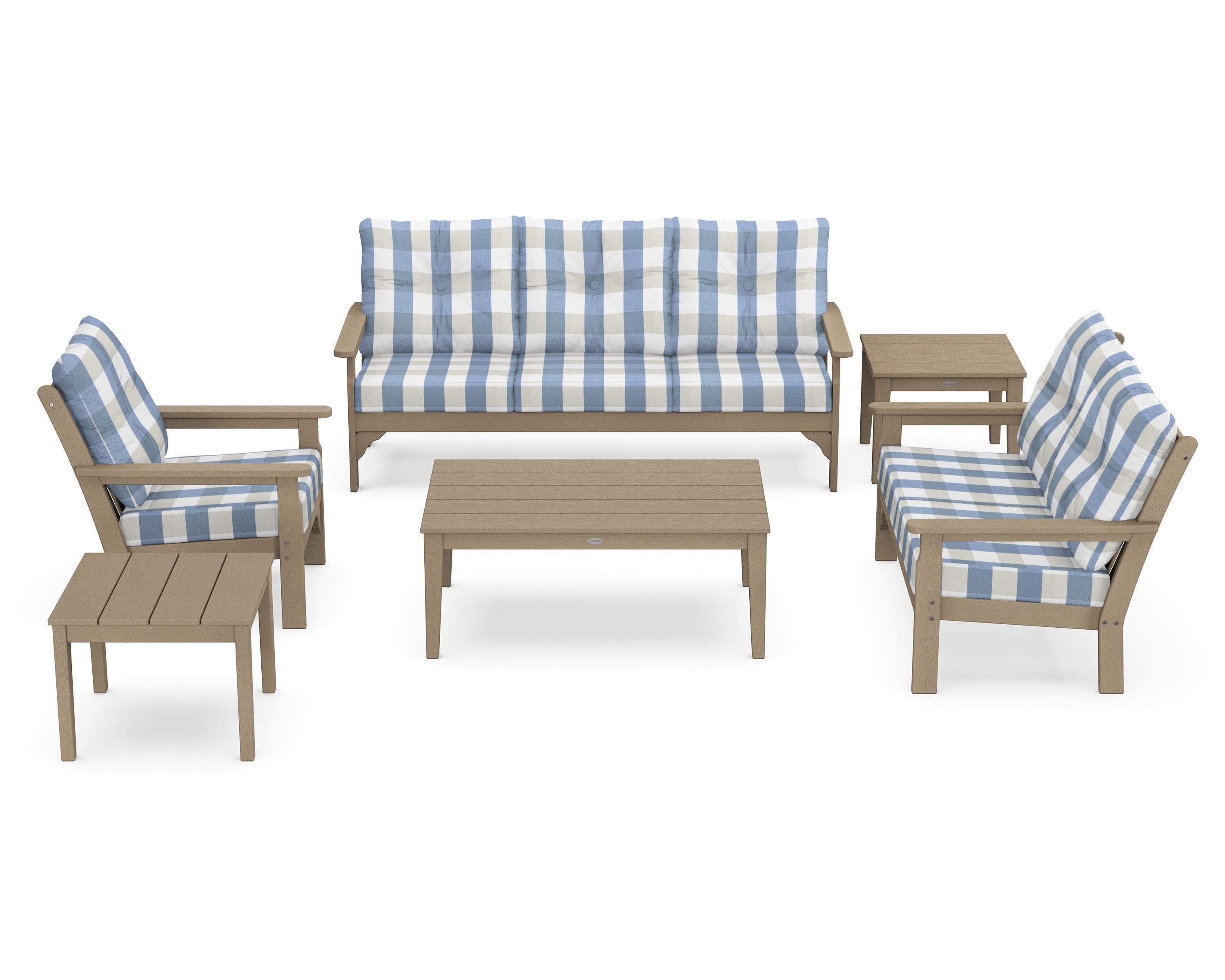 Vineyard 6-Piece Deep Seating Set in Vintage Sahara / Buffalo Plaid Sky Blue
