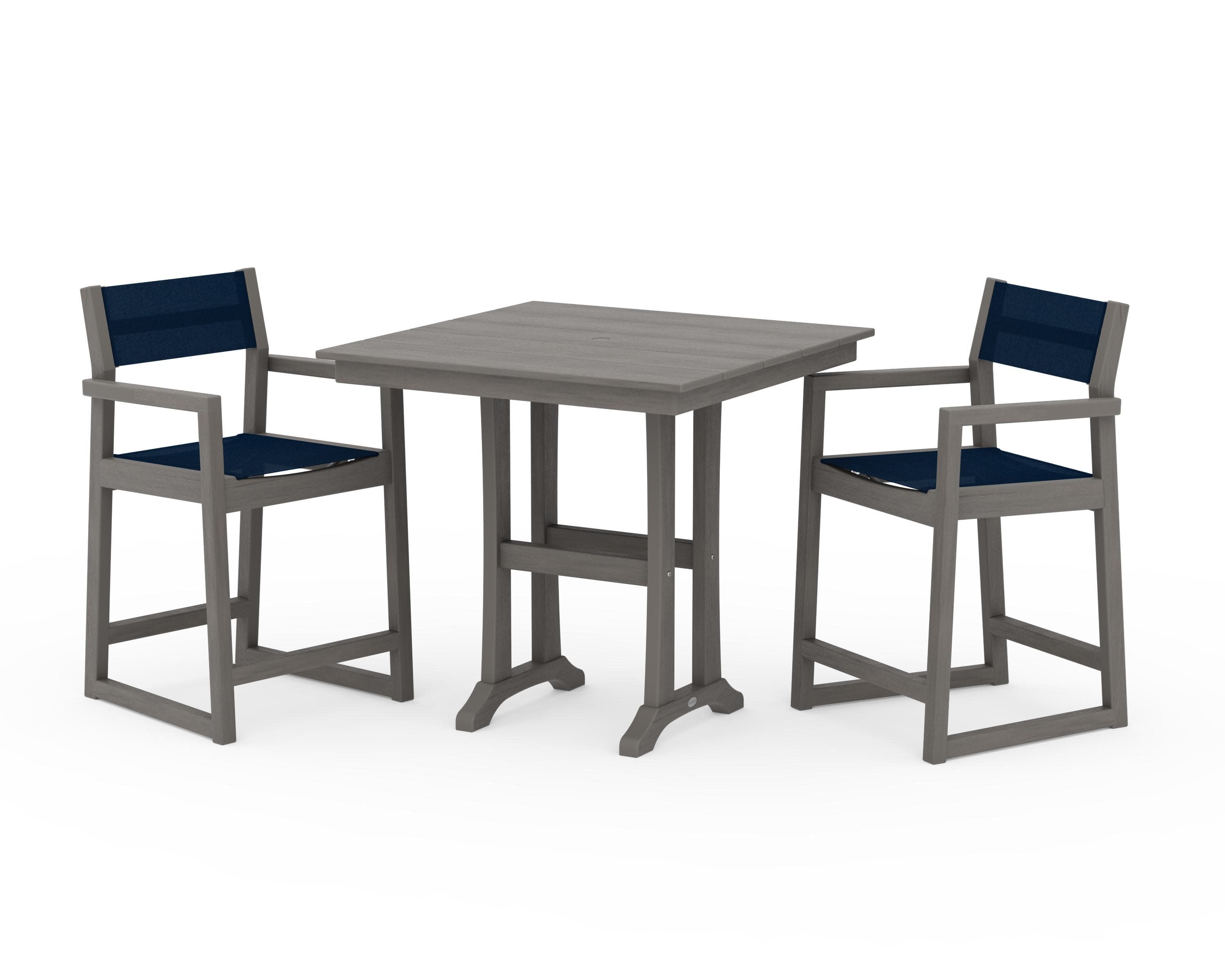 EDGE Sling Arm Chair 3-Piece Farmhouse Counter Set with Trestle Legs in Driftwood / Navy Blue Sling