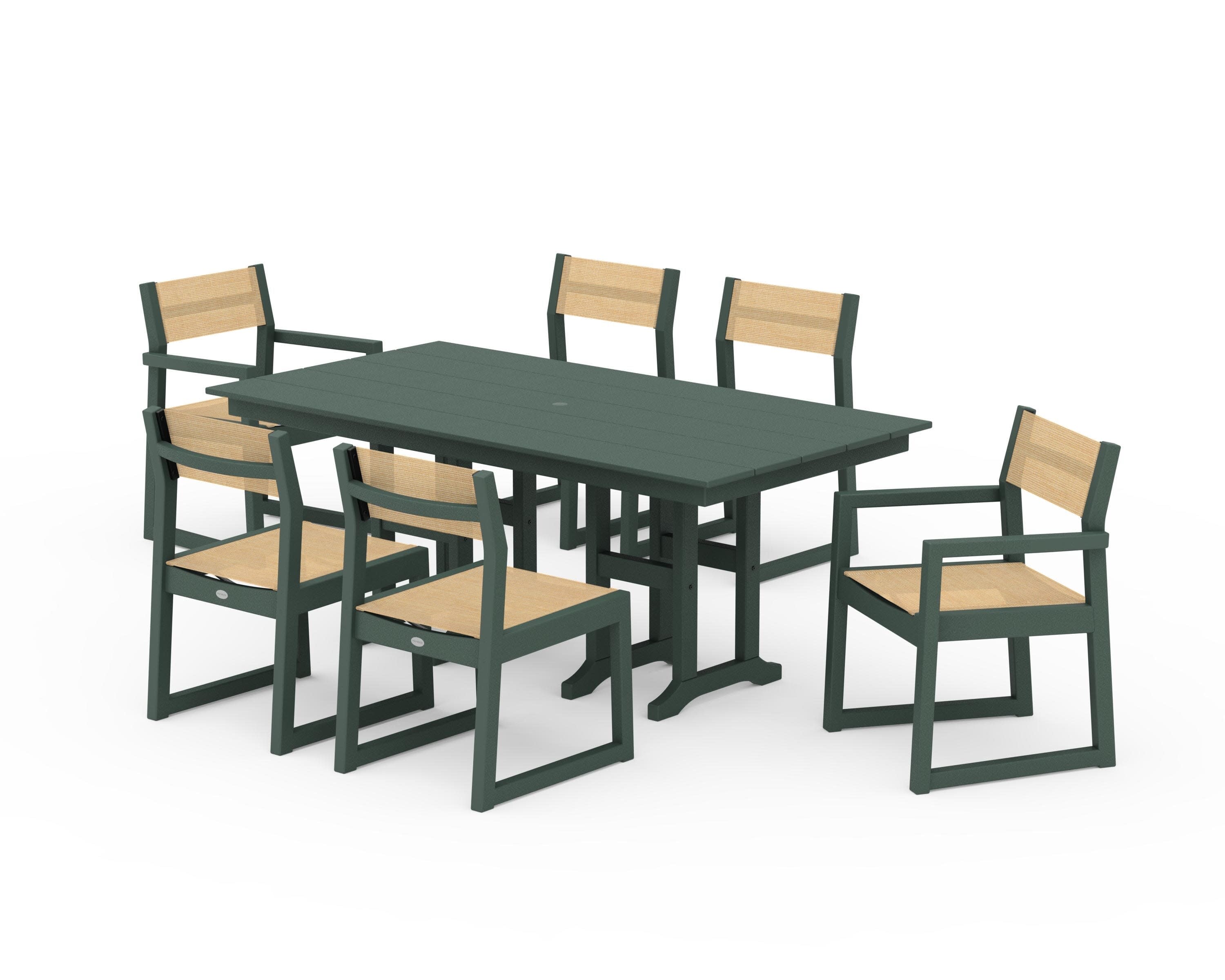 EDGE Sling 7-Piece Farmhouse Dining Set in Green / Dupioni Apricot Sling