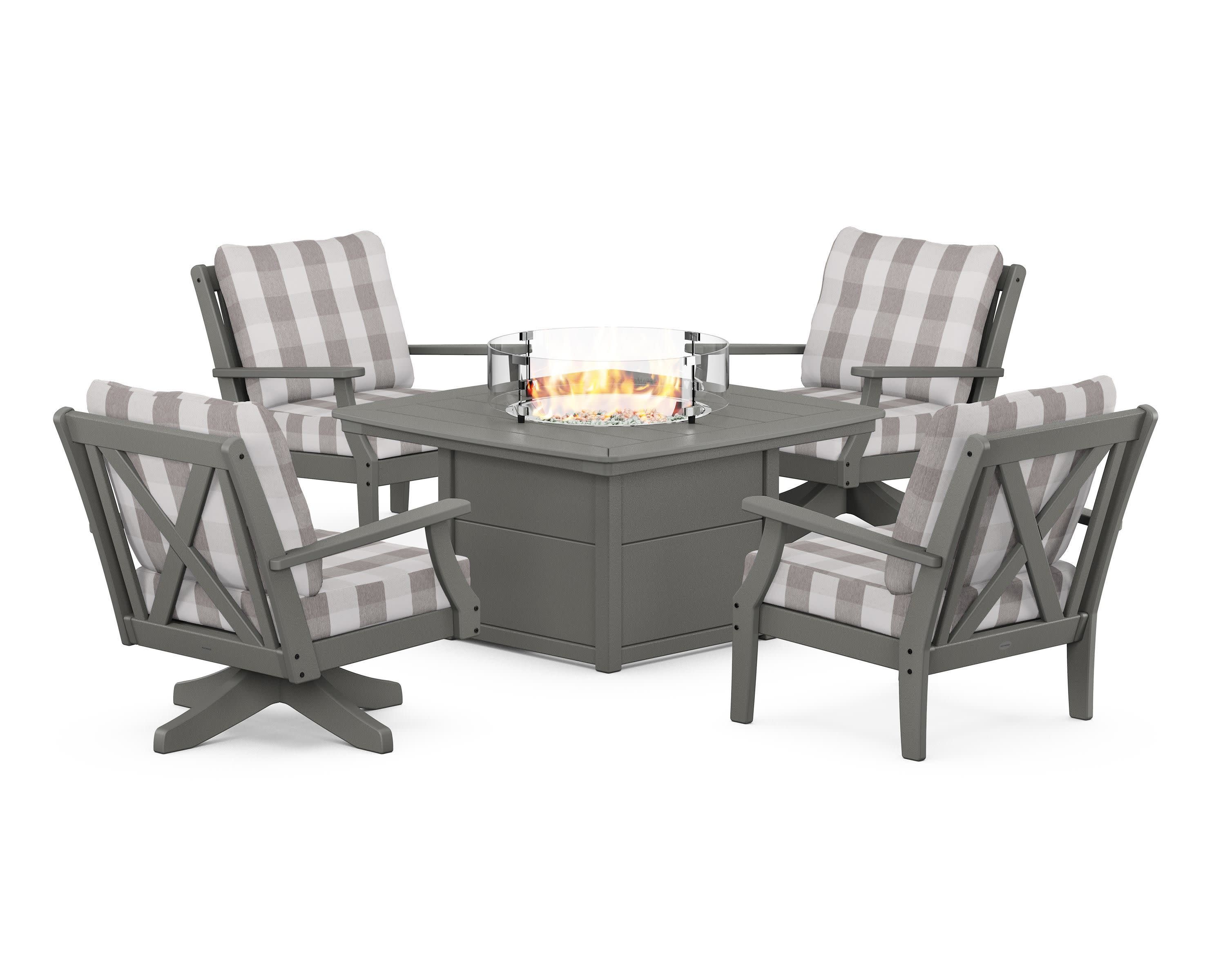 Braxton 5-Piece Deep Seating Set with Fire Table in Slate Grey / Buffalo Plaid Grey Mist