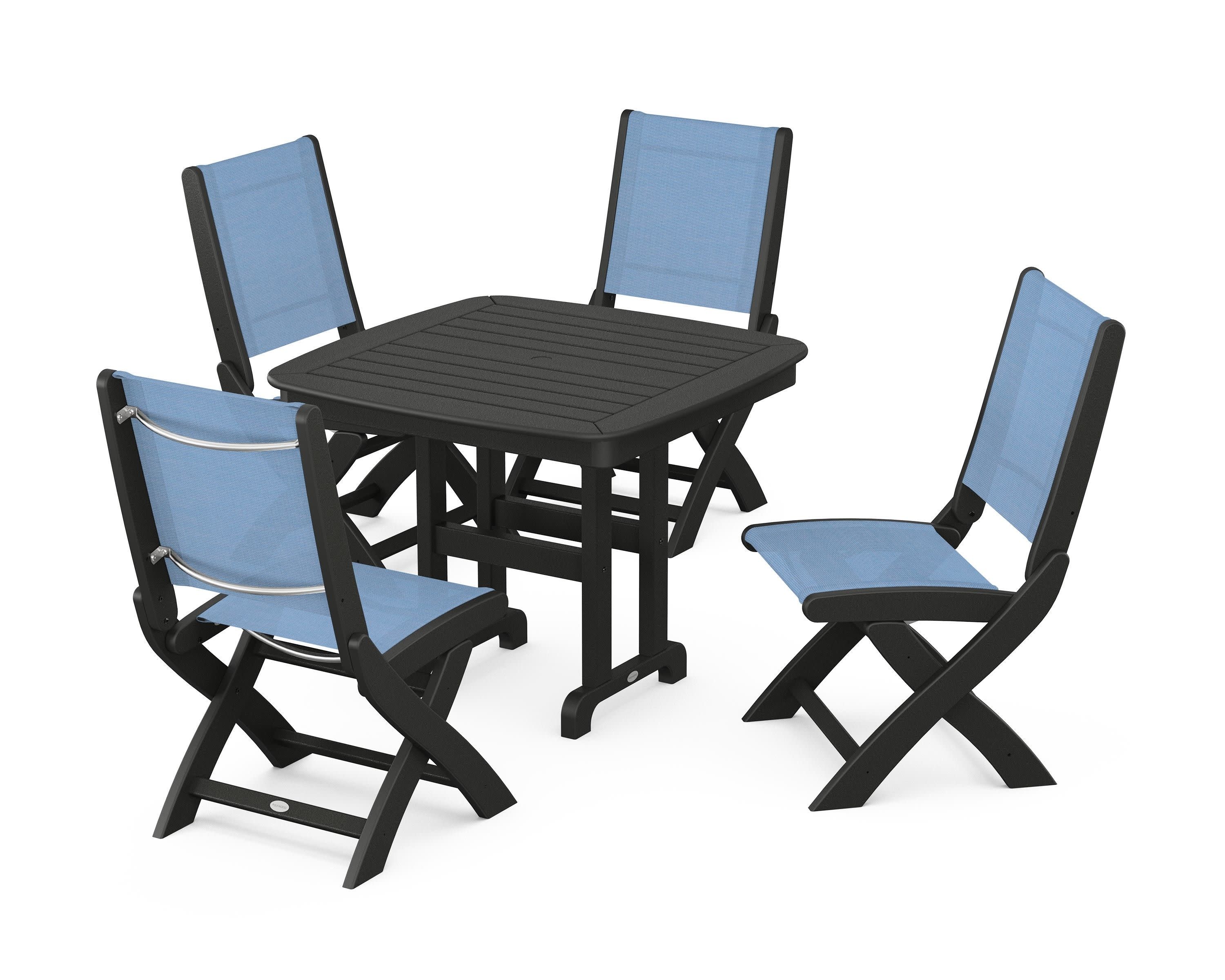 Coastal Folding Side Chair 5-Piece Dining Set in Black / Poolside Sling