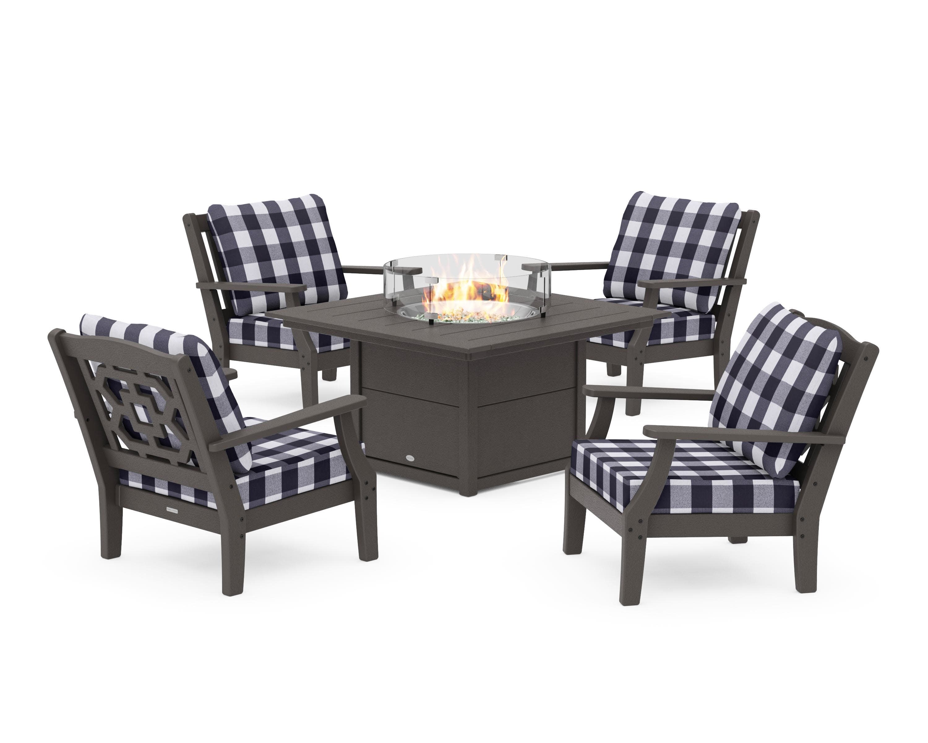 Chinoiserie 5-Piece Deep Seating Set with Fire Pit Table in Vintage Coffee / Buffalo Plaid Navy