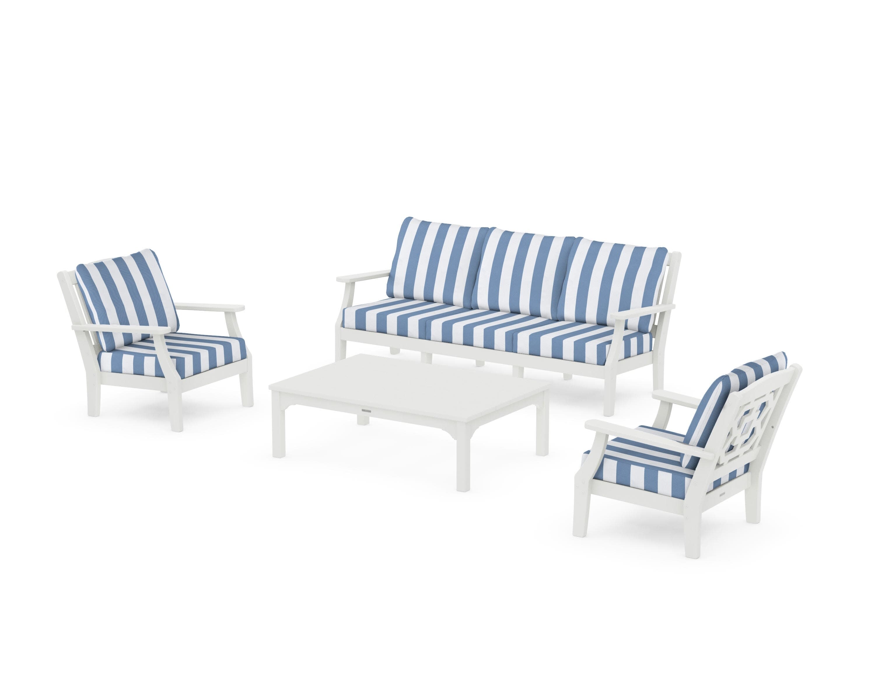 Chinoiserie 4-Piece Deep Seating Set with Sofa in Vintage White / Cabana Stripe Sky Blue