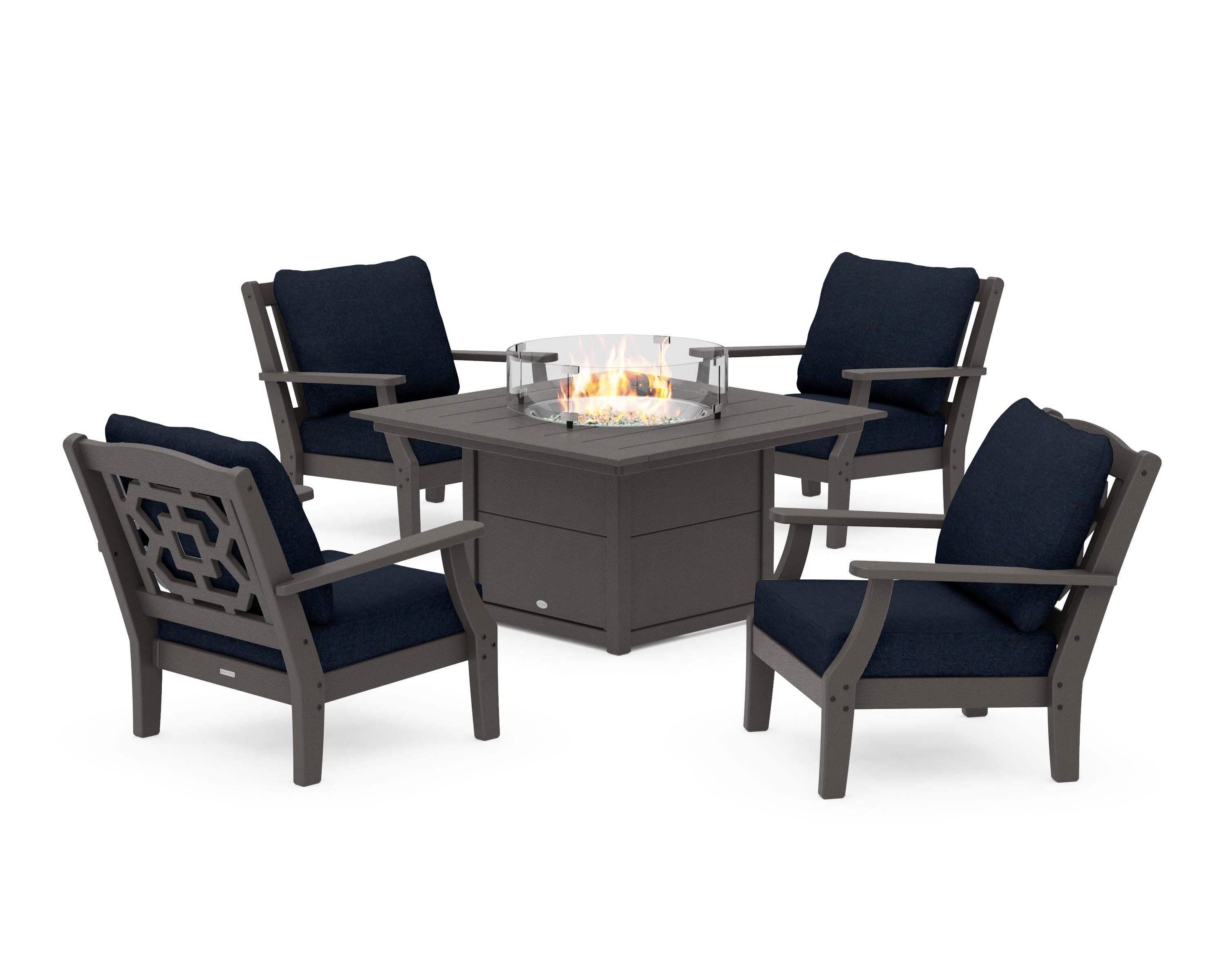 Chinoiserie 5-Piece Deep Seating Set with Fire Pit Table in Vintage Coffee / Marine Indigo