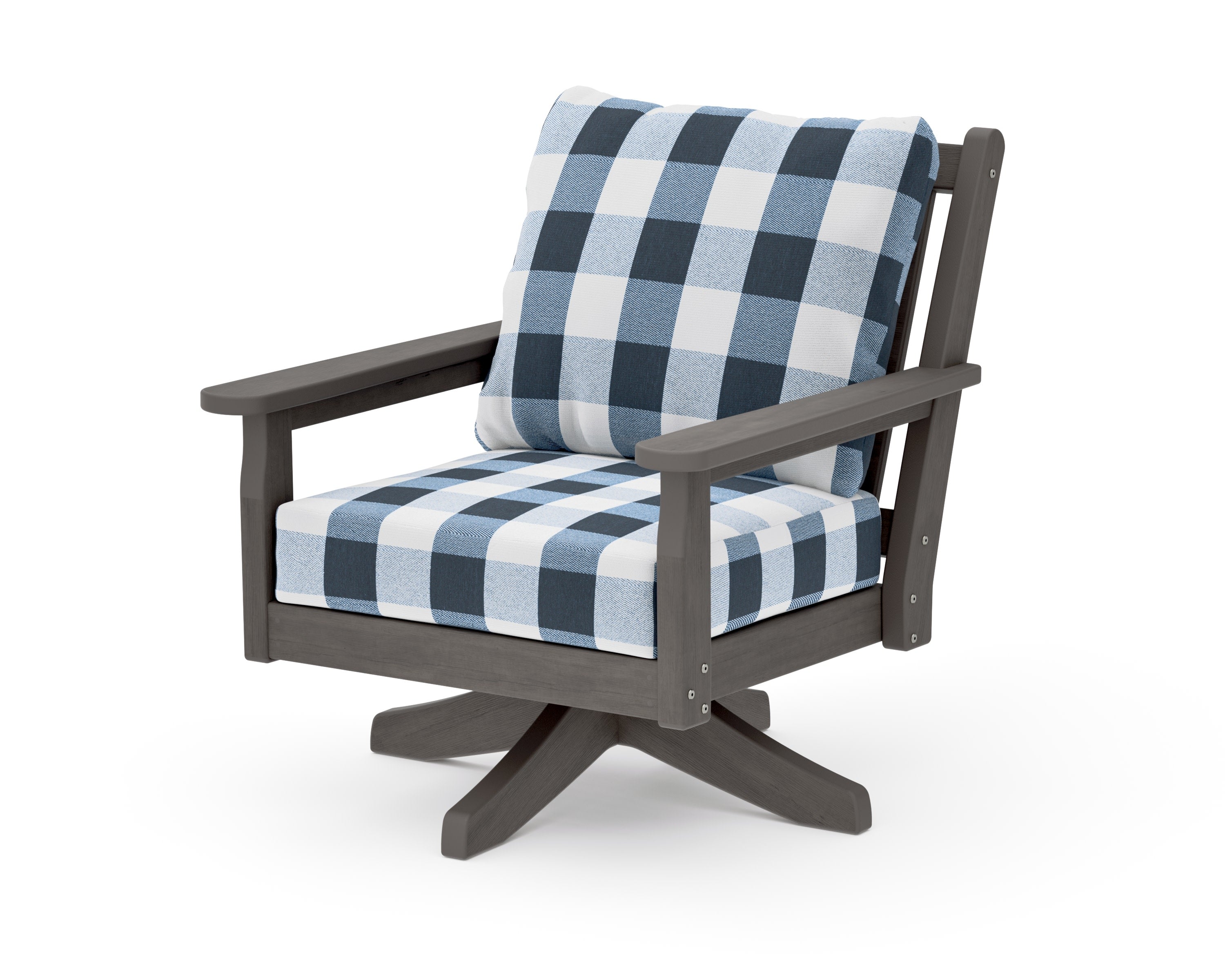 Chippendale Deep Seating Swivel Chair in Driftwood / Buffalo Plaid Marine Indigo