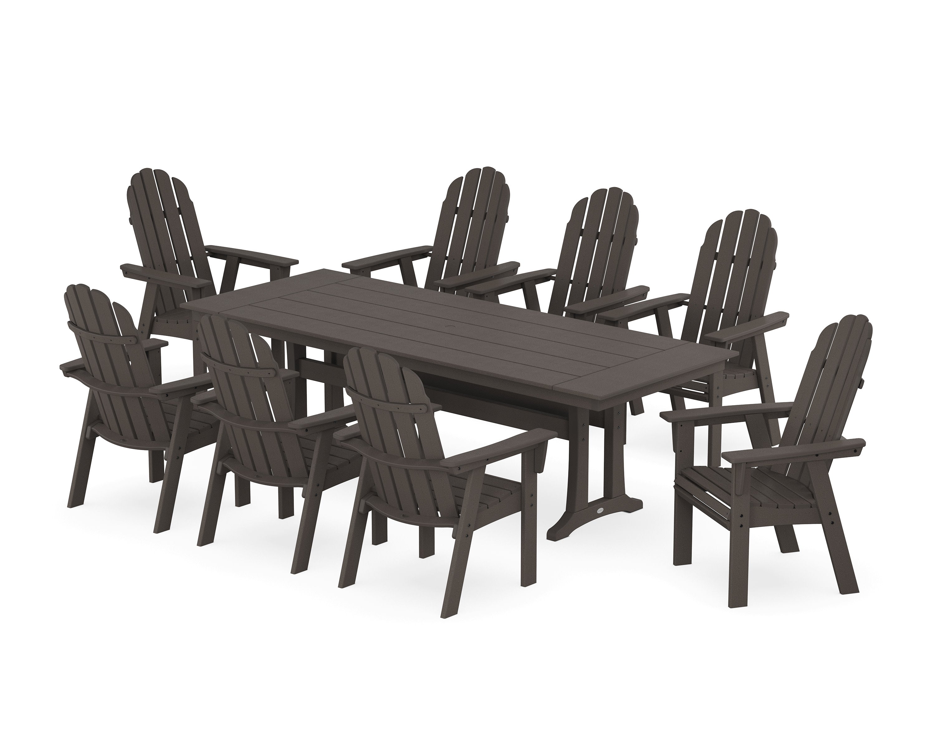 Vineyard 9-Piece Curveback Adirondack Farmhouse Dining Set with Trestle Legs in Vintage Coffee