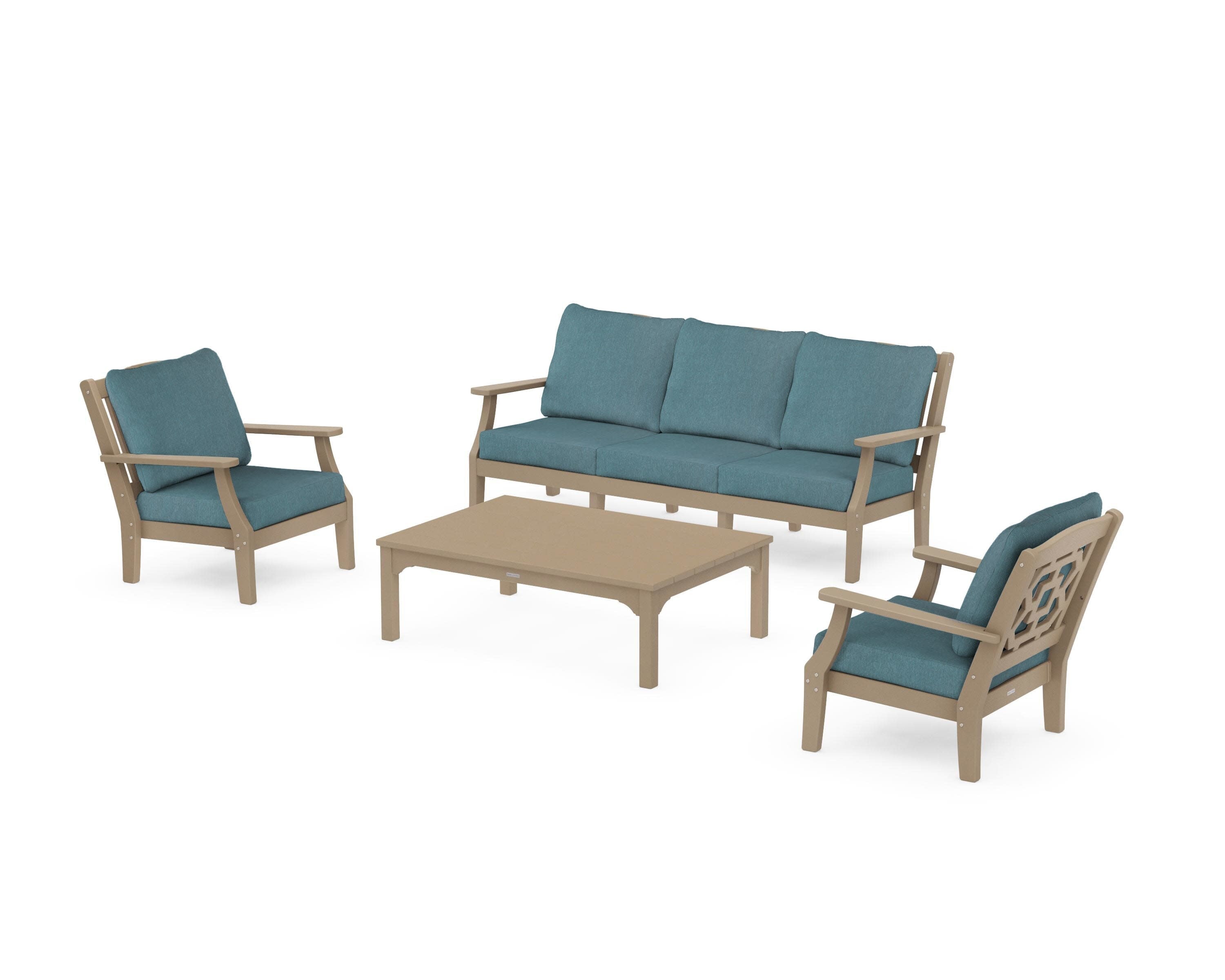 Chinoiserie 4-Piece Deep Seating Set with Sofa in Vintage Sahara / Ocean Teal