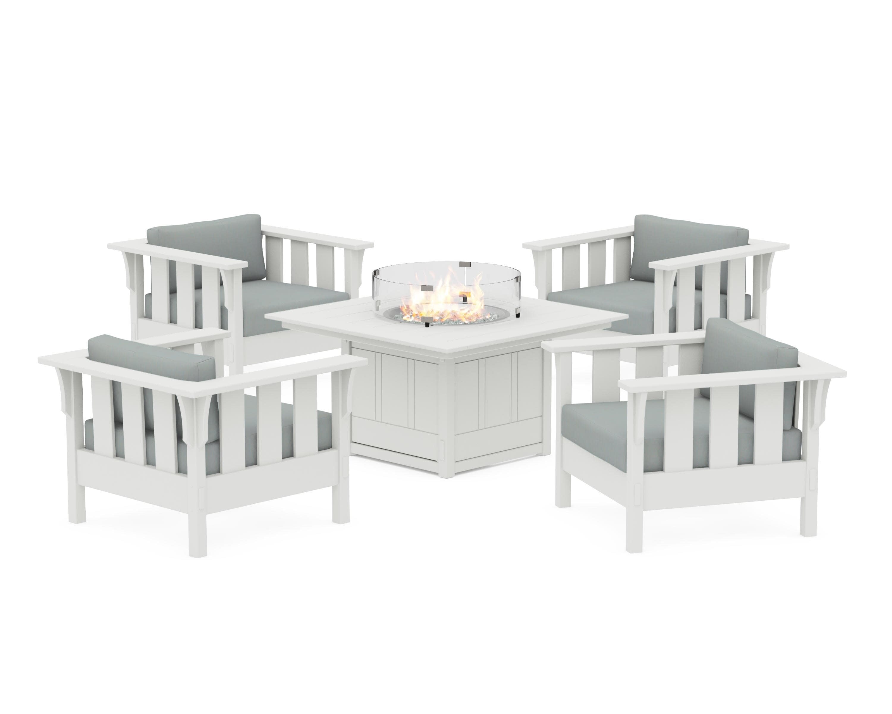 Acadia 5-Piece Deep Seating Set with Fire Pit Table in Vintage White / Spa