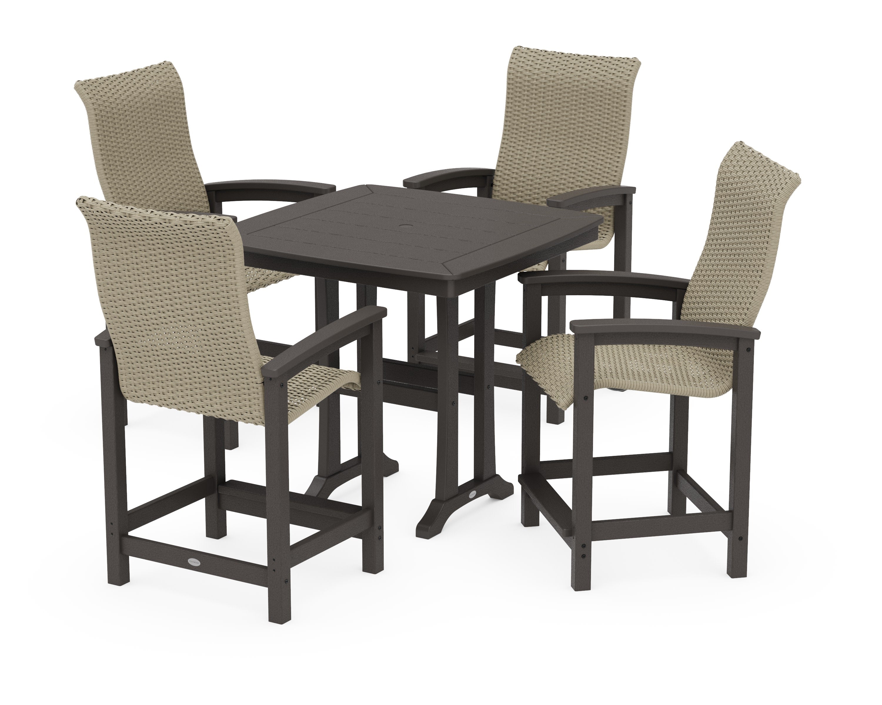 Coastal Woven High-Back 5-Piece Counter Set with Trestle Legs in Vintage Coffee / Dune Grass