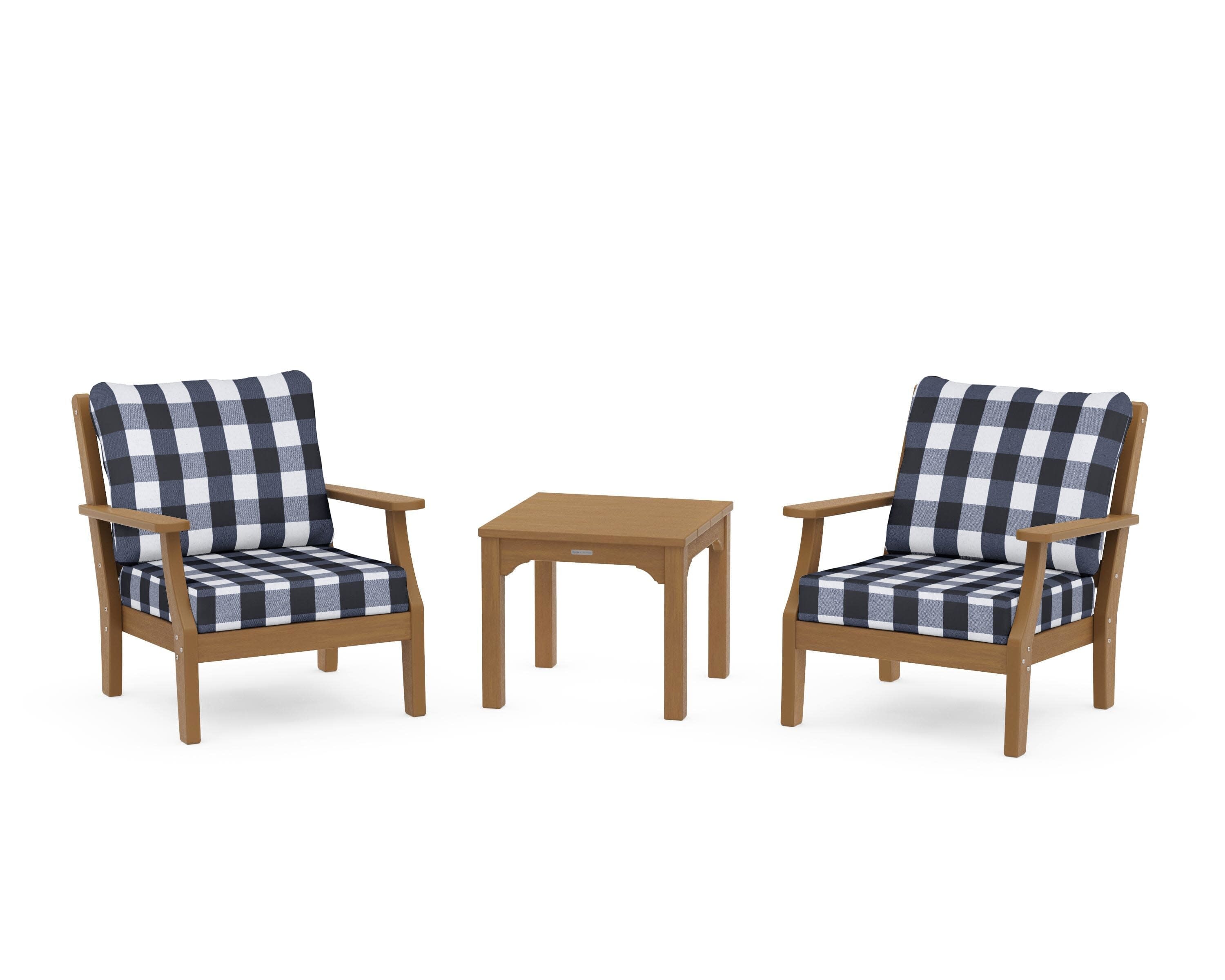 Chinoiserie 3-Piece Deep Seating Set in Natural / Buffalo Plaid Marine Indigo