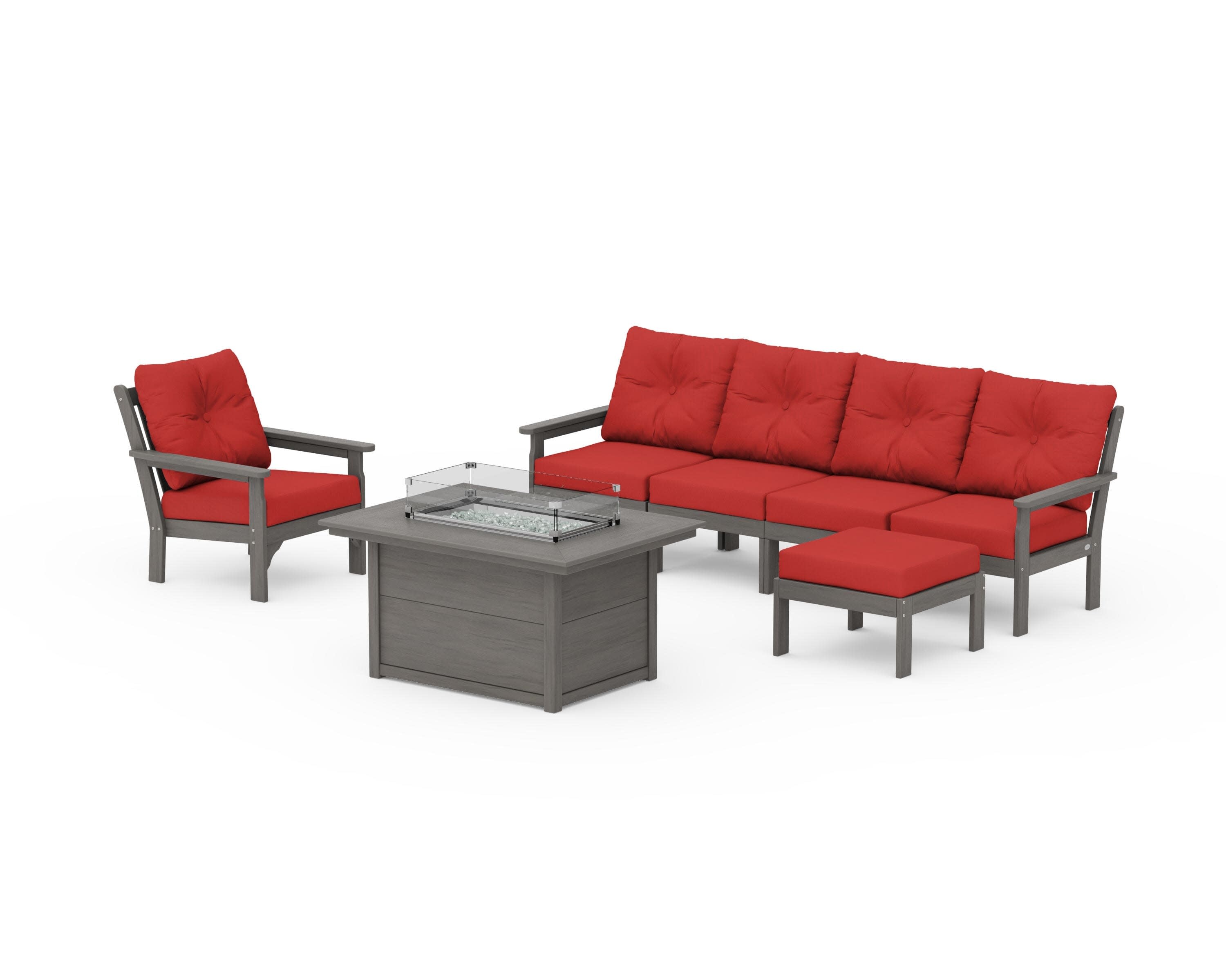 Vineyard Sectional Lounge and Fire Pit Set in Driftwood / Crimson Linen