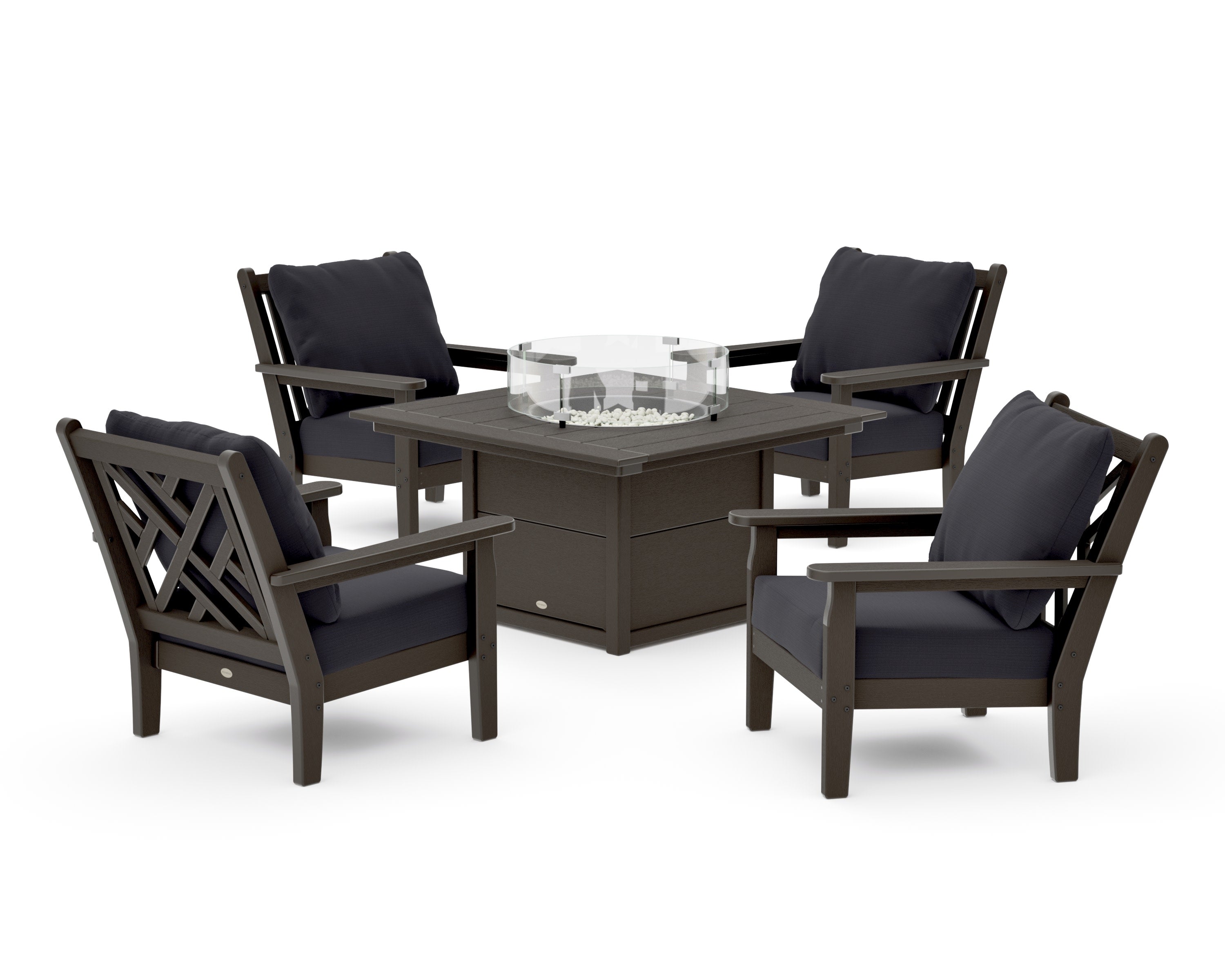 Chippendale 5-Piece Deep Seating Set with Fire Pit Table in Vintage Coffee / Midnight Linen